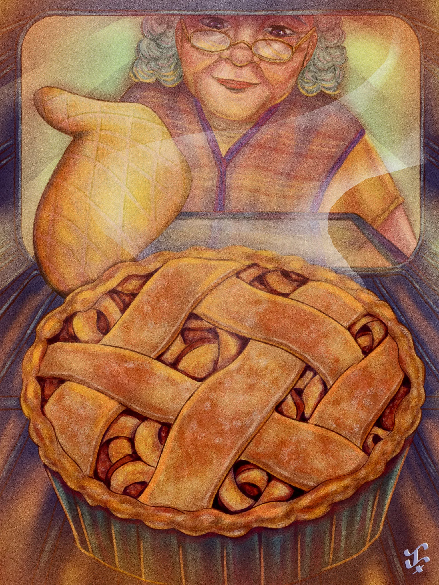 An elderly woman in glasses holding out a freshly baked lattice-top apple pie.