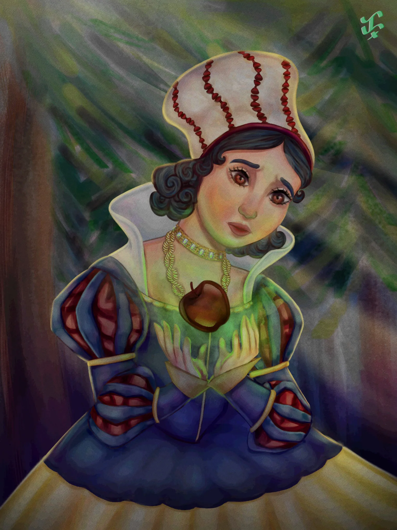 A princess in a blue-and-red gown with puffed sleeves and a tall white headdress, holding a bitten red apple in a shaft of light.