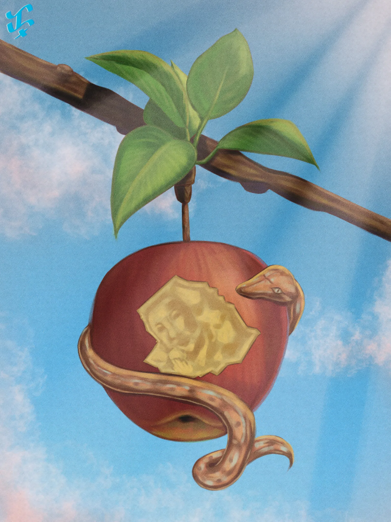 A red apple hanging from a branch against a blue sky, with a bite taken out of it and a snake coiled around it.