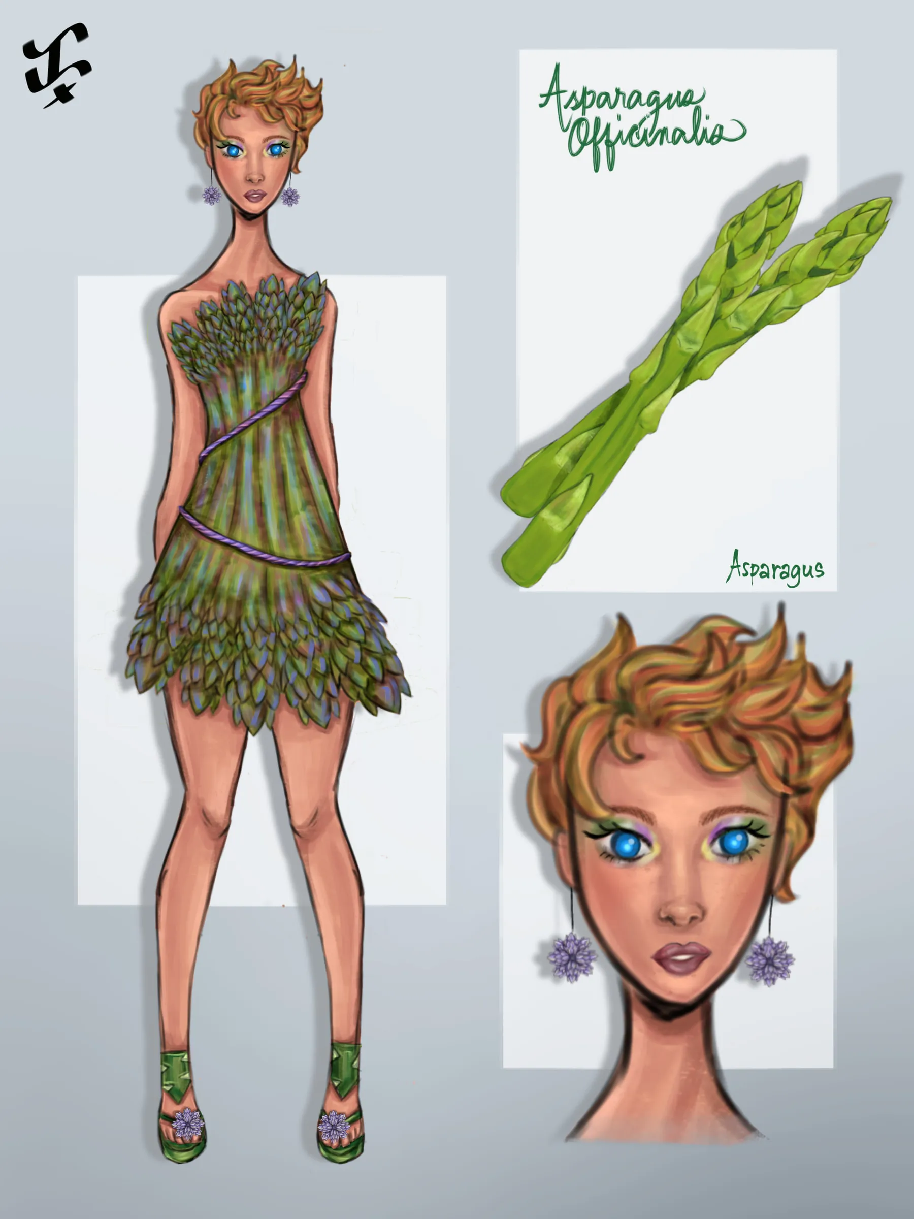 A fashion sheet for asparagus: a model in a short green dress layered like asparagus tips, beside asparagus spears labelled Asparagus officinalis and a close-up of her face with curly auburn hair.
