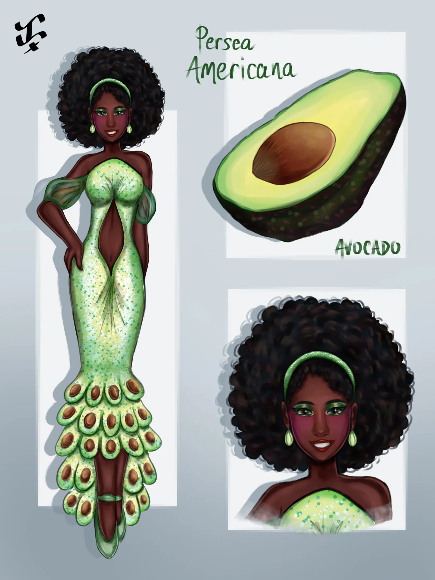 A fashion sheet for avocado: a model in a fitted green gown with an avocado-patterned train, beside a halved avocado labelled Persea americana and a close-up of her face framed by an afro.