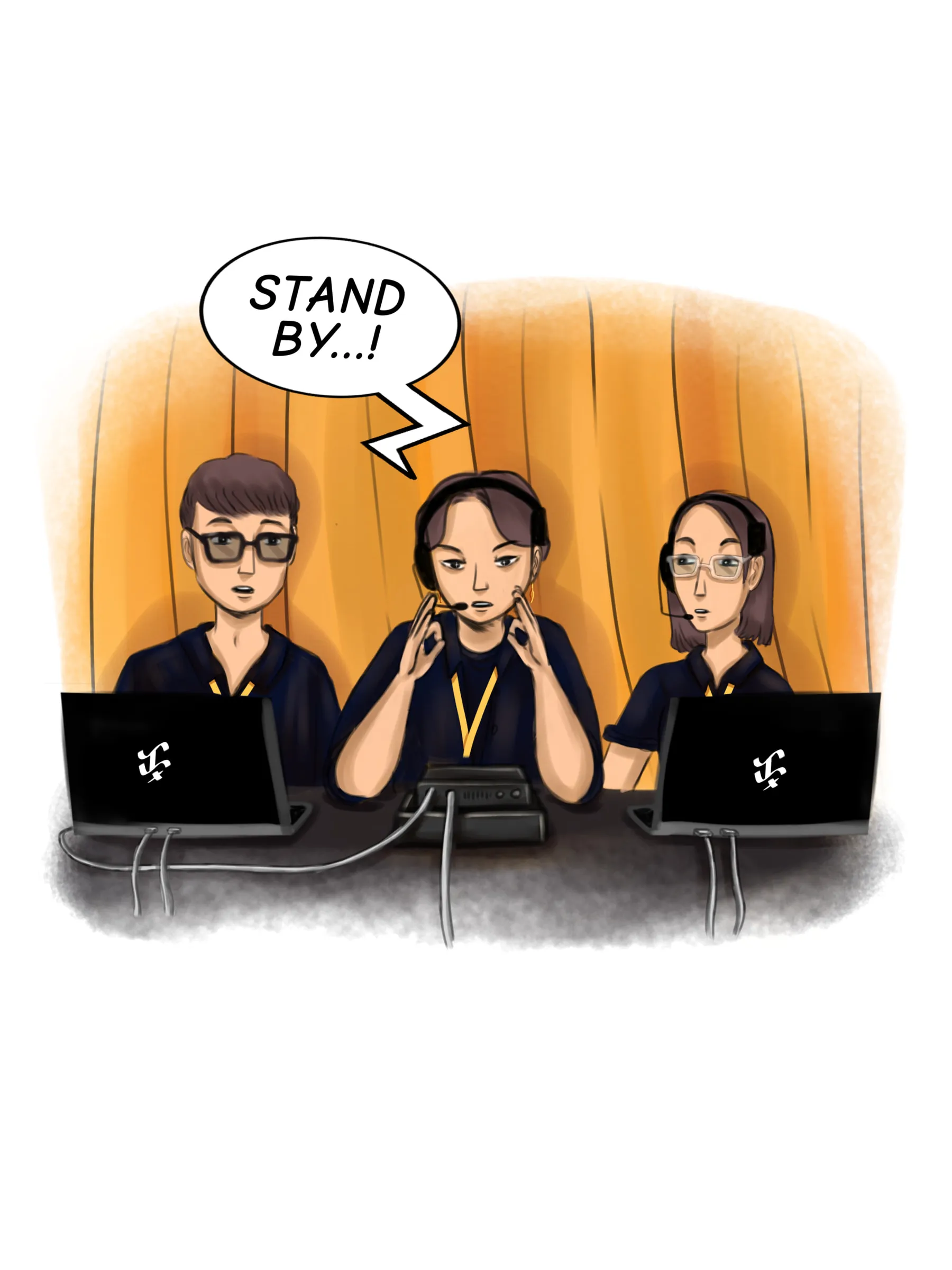 A comic panel of three crew members at laptops in a booth, wearing headsets, one calling “Stand by…!”.
