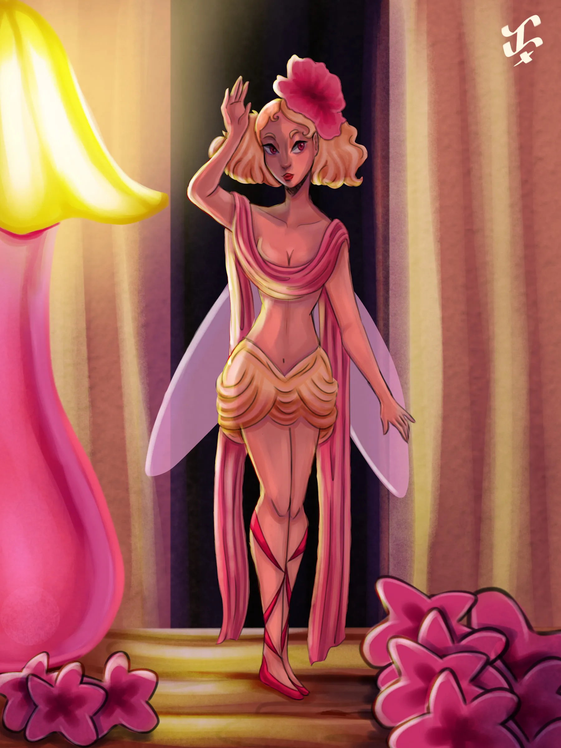A fairy in a pink azalea-petal dress with sheer wings, stepping out between tall pink flowers.