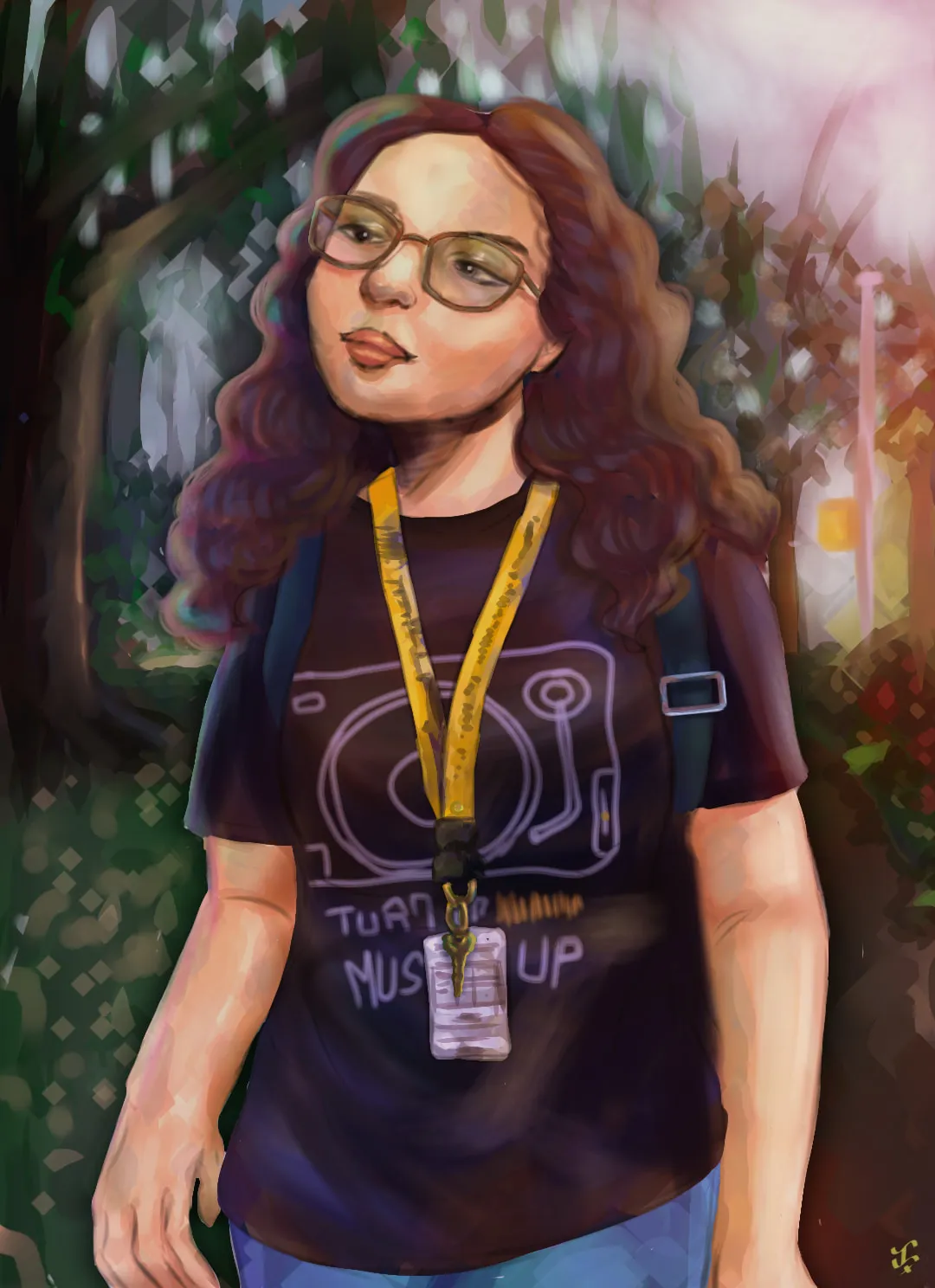 A portrait of a young woman with curly hair and glasses, wearing a lanyard and a “Turn the Music Up” shirt, outdoors at dusk.
