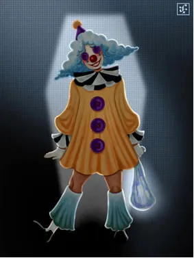 A clown in a yellow smock with three big purple buttons, a ruffled black-and-white collar and a cloud of blue hair, holding a clear plastic bag in a spotlight.