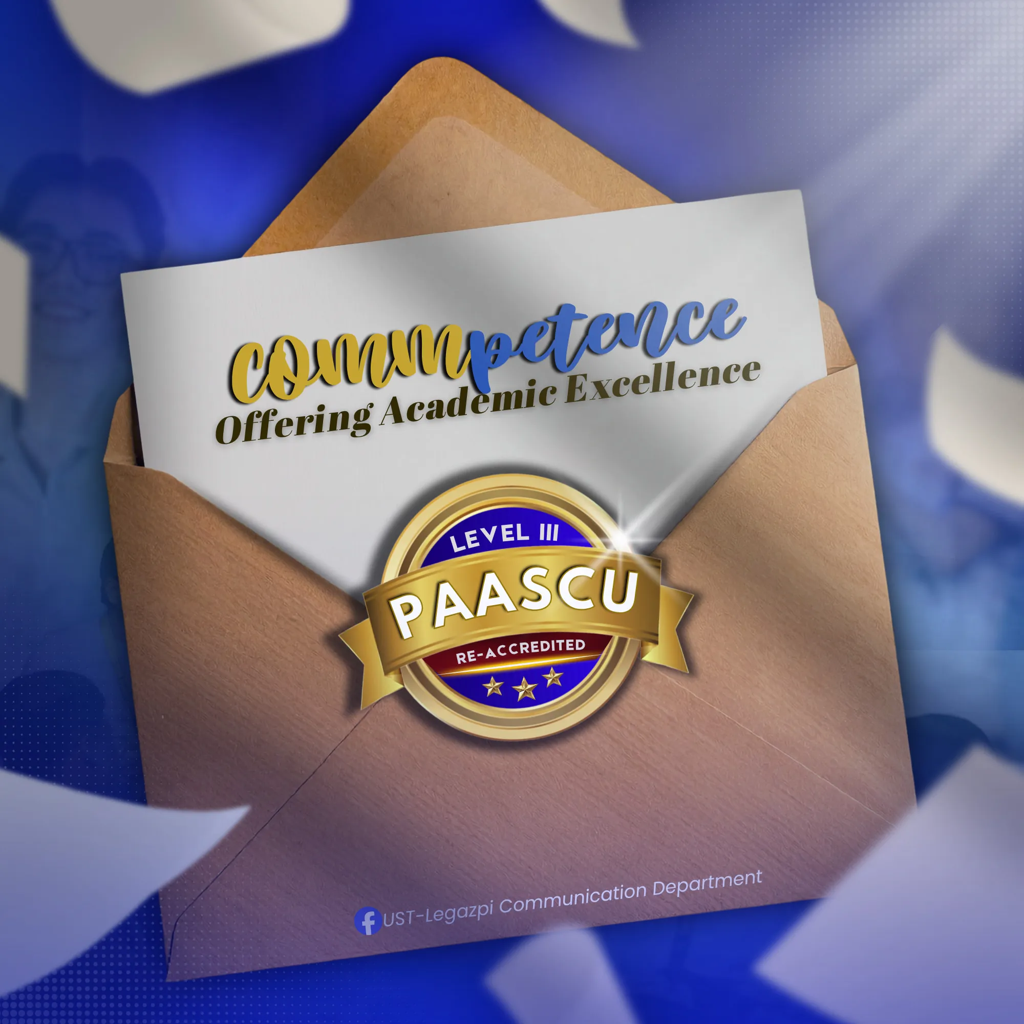 The “COMMpetence: Offering Academic Excellence” post: a letter in an opened envelope sealed with a gold PAASCU Level III Re-Accredited badge.
