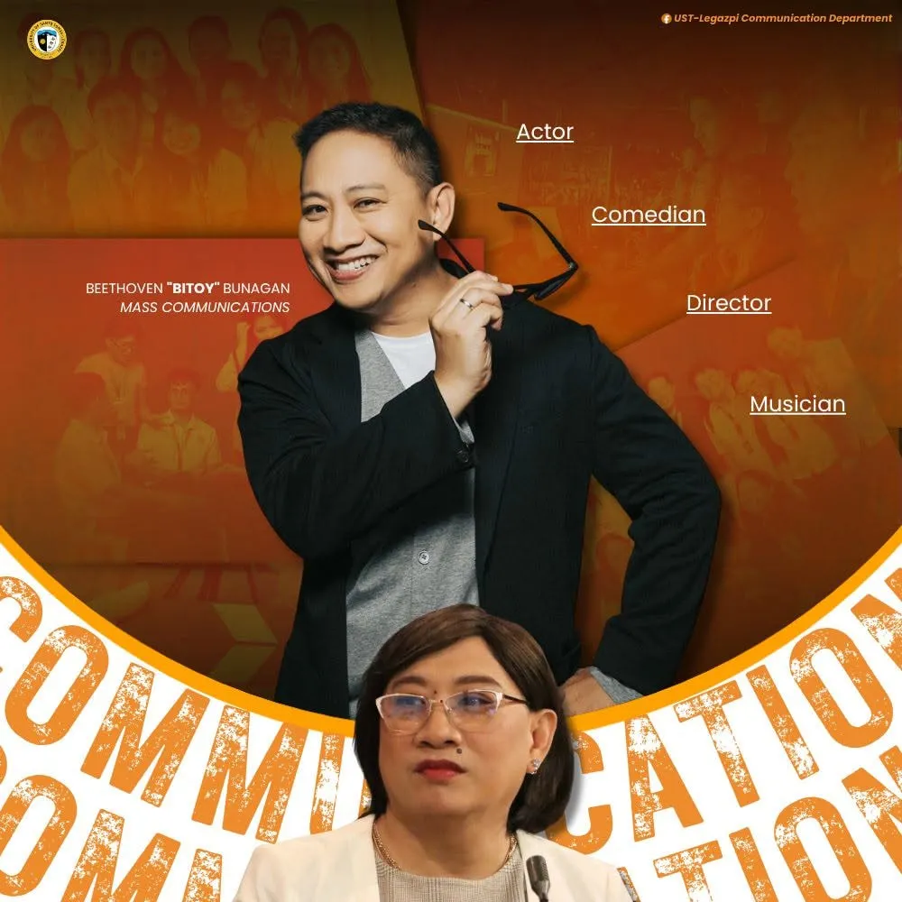 A Communication careers post: Beethoven “Bitoy” Bunagan, Mass Communications, labelled actor, comedian, director and musician, above a woman in glasses and a white blazer, over the word “Communication”.