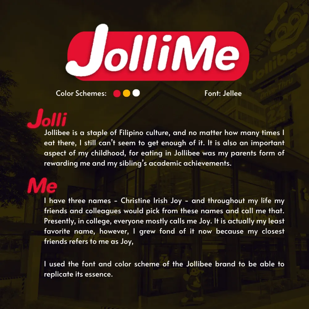 The JolliMe concept page: the logo, white lettering on a red pill, its colour scheme of red, yellow and white and its font, Jellee, with notes on “Jolli” (Jollibee as a staple of Filipino culture and of her childhood) and “Me” (her three names, Christine Irish Joy), over a dimmed photo of a Jollibee branch.