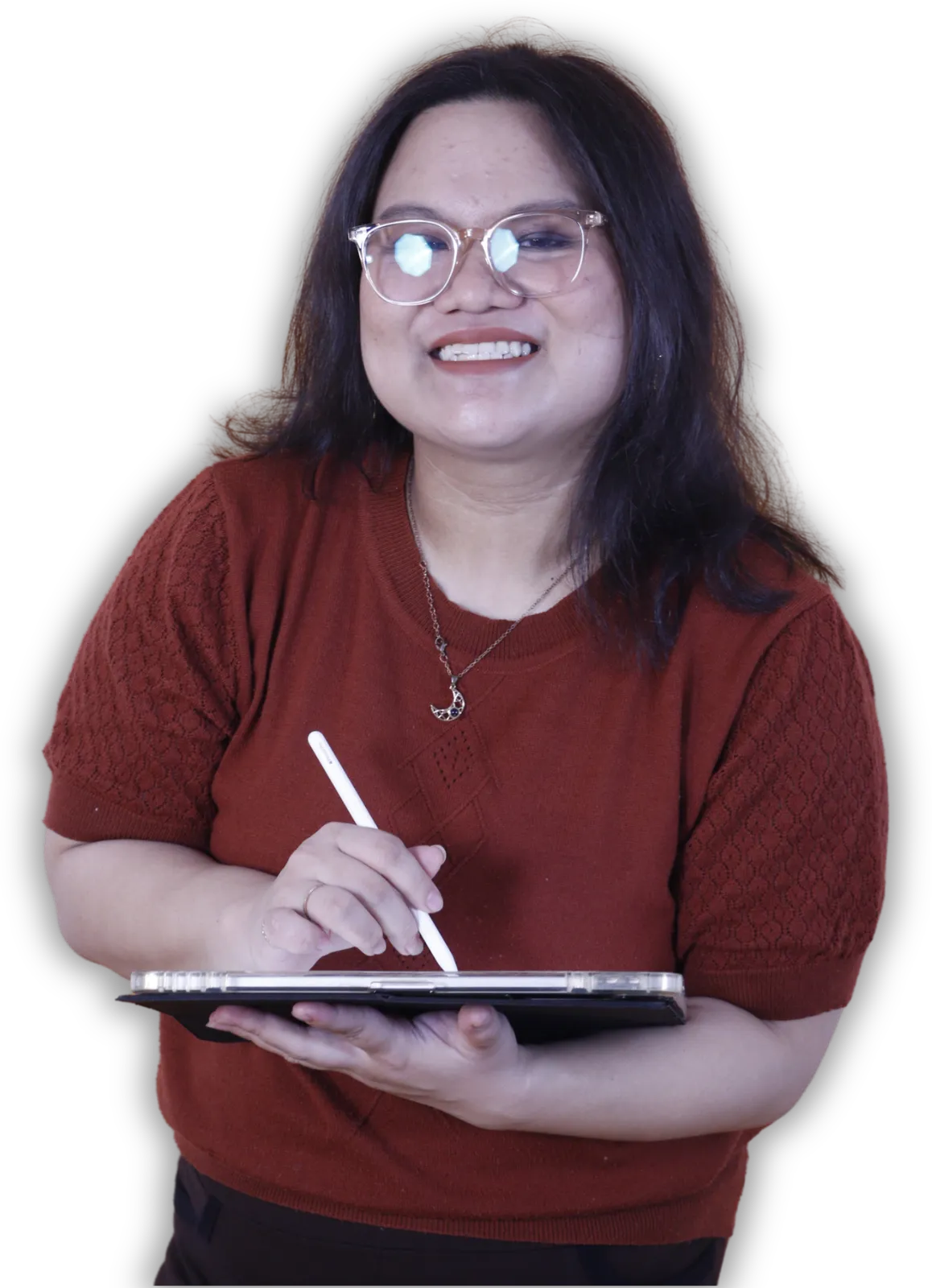 Christine Guarda, smiling, writing on a tablet with a stylus
