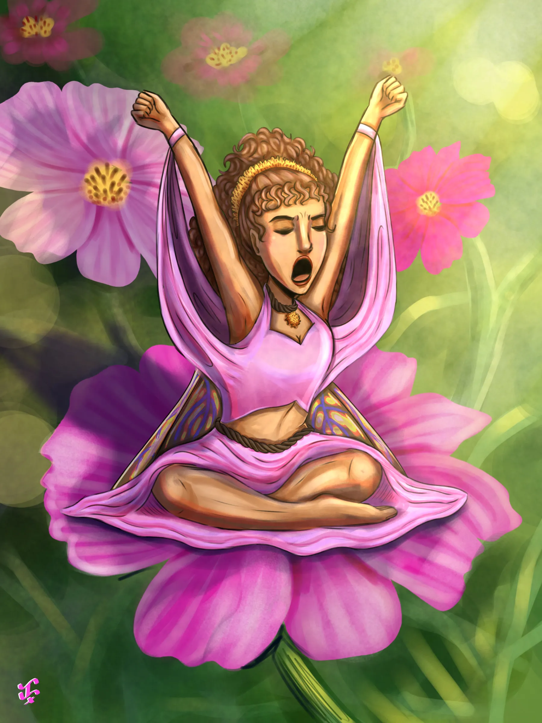 A fairy in pink sitting cross-legged in a pink cosmos flower, stretching her arms up and yawning.