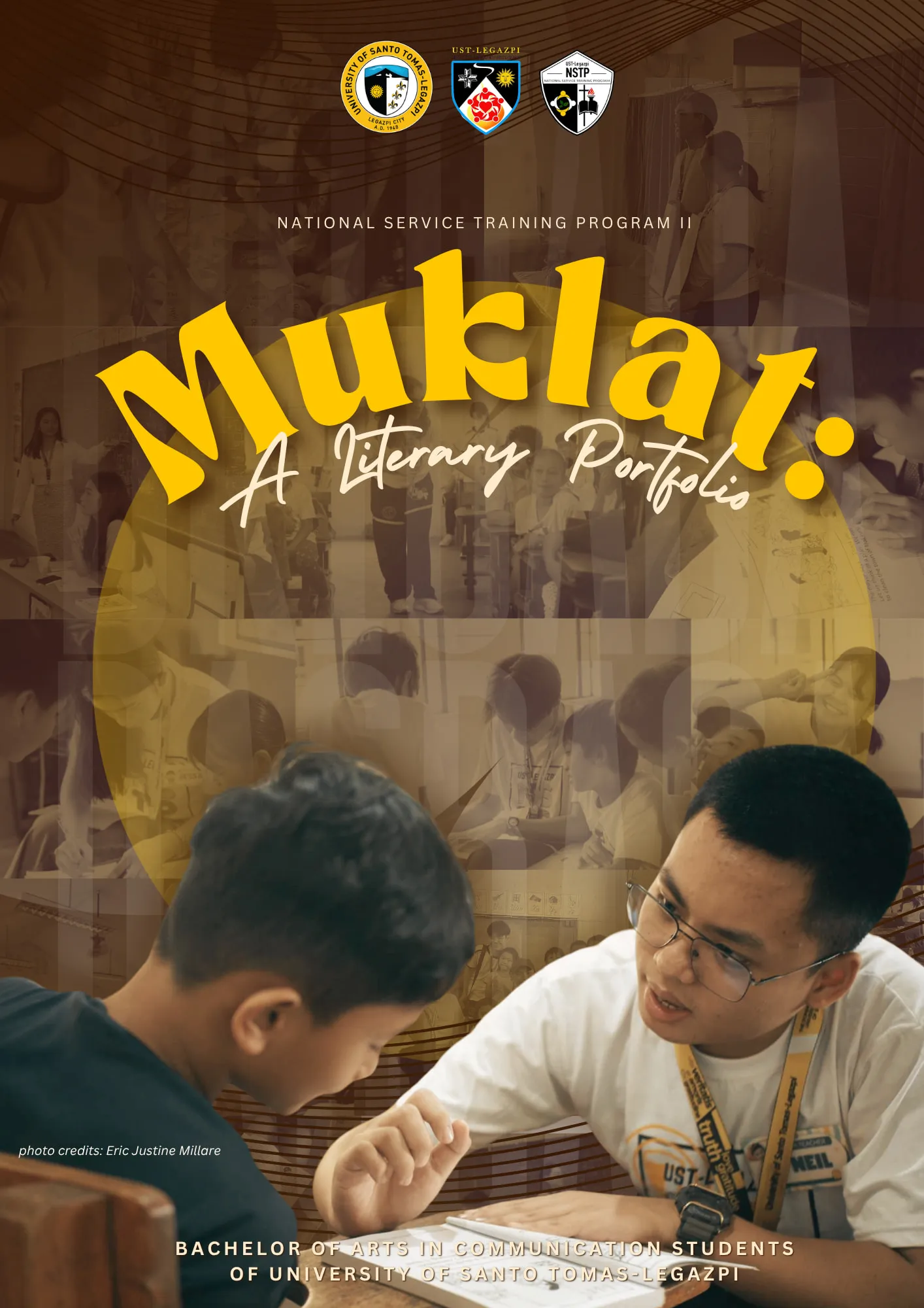 The cover of Muklat: A Literary Portfolio, a student tutor in glasses leaning over a reader with a young pupil, under the title and the UST-Legazpi, Center for Community Involvement and NSTP seals.