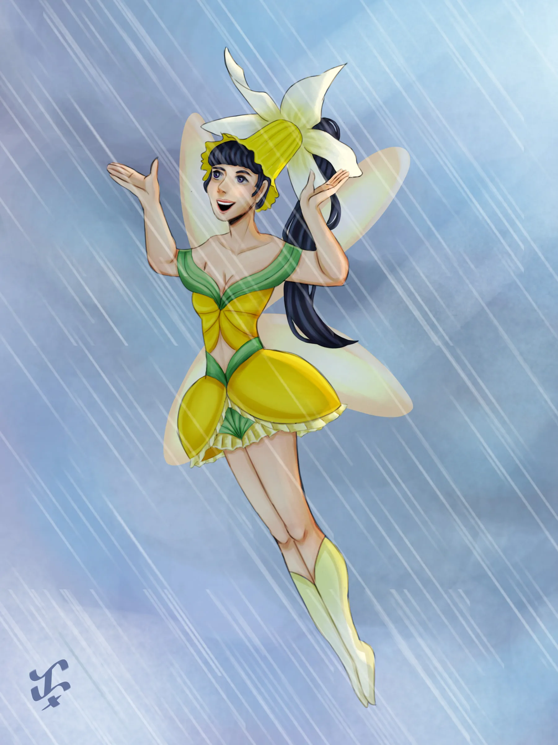 A fairy in a yellow daffodil dress and a white petal hat flying through the rain.