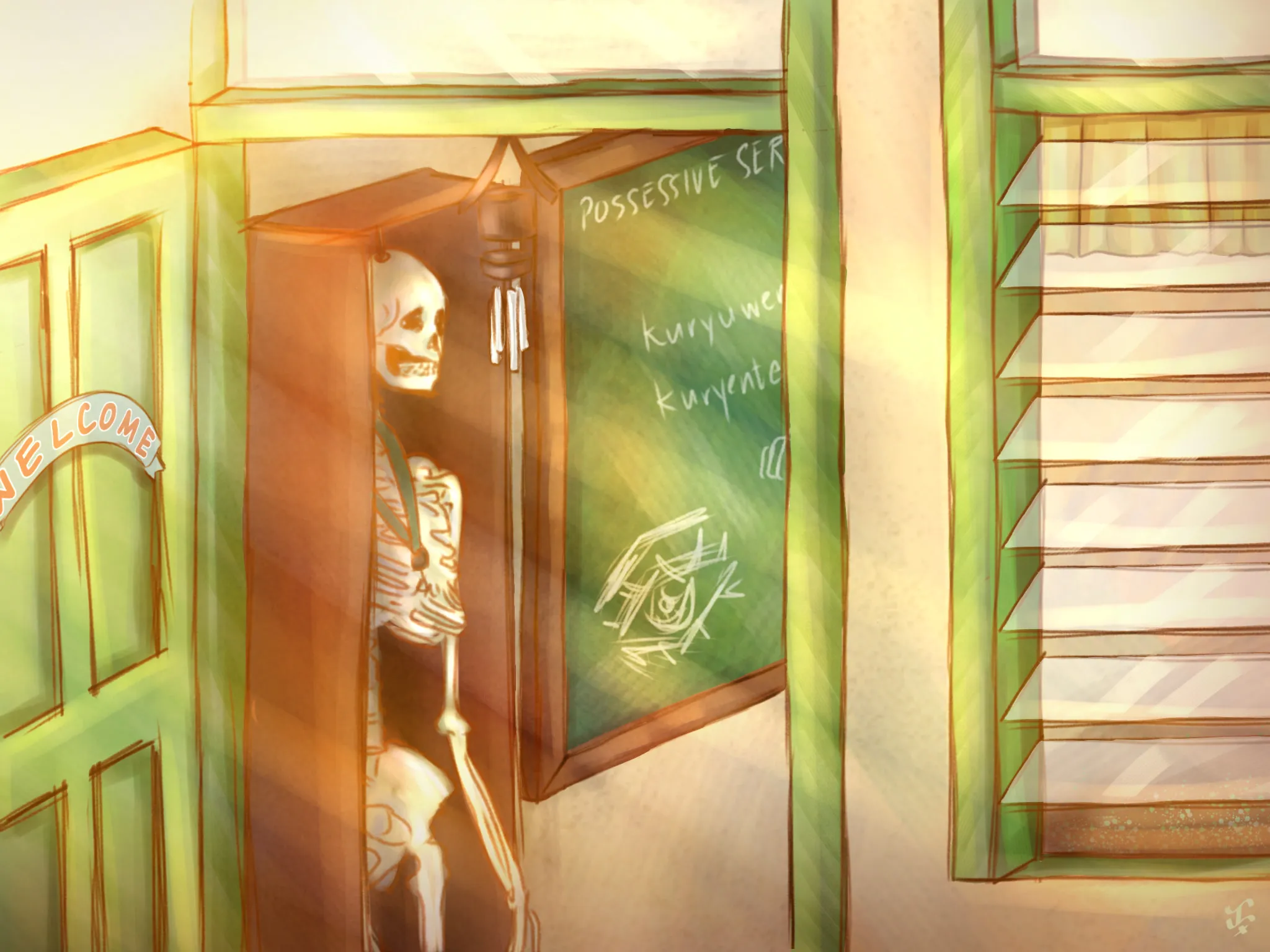 A sunlit classroom corner: a skeleton model in an open cabinet beside a green chalkboard covered in notes.