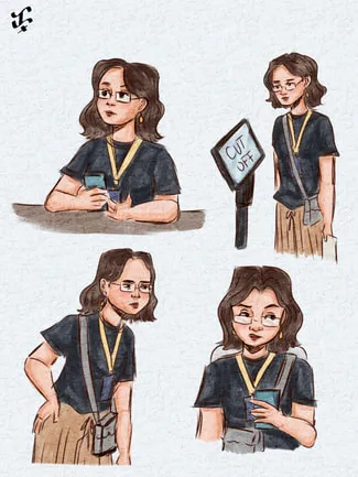 Four sketches of a student in glasses with a yellow lanyard and a crossbody bag: leaning on a counter with her phone, beside a “Cut Off” sign, hand on hip, and reading her phone.