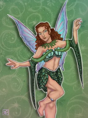 A fairy with long auburn curls and iridescent wings, in a green leaf-scale top and skirt trimmed with pearls, posed on tiptoe against a green swirled background.