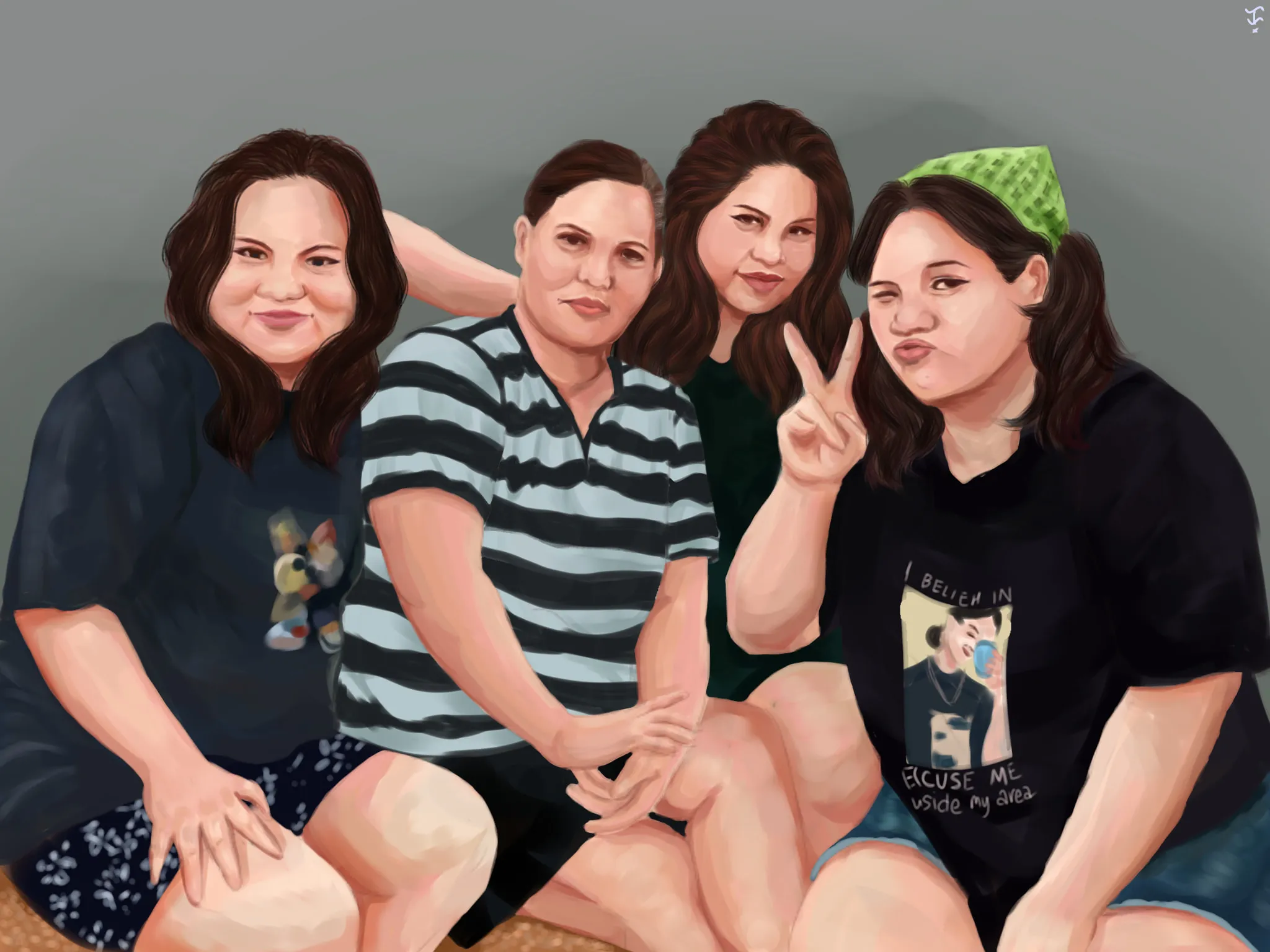 A realistic painting of four women posing together on a couch, one making a peace sign.