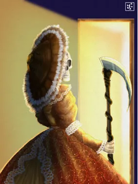 A skeleton in a lace-trimmed red Victorian gown and a wide bonnet, seen from behind, holding a scythe at a brightly lit doorway.