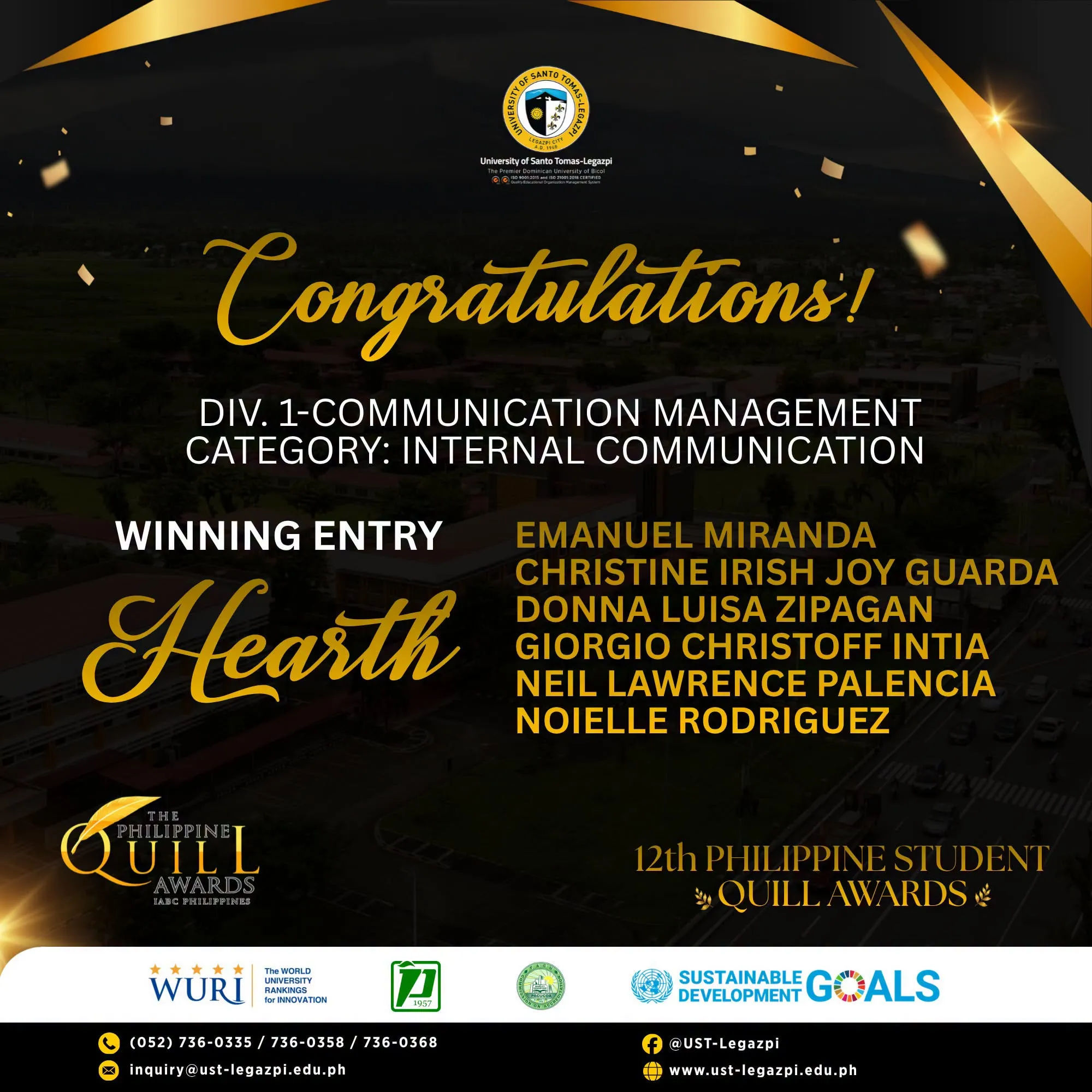 Congratulations post for Hearth, a winning entry in Communication Management, Internal Communication, at the 12th Philippine Student Quill Awards.