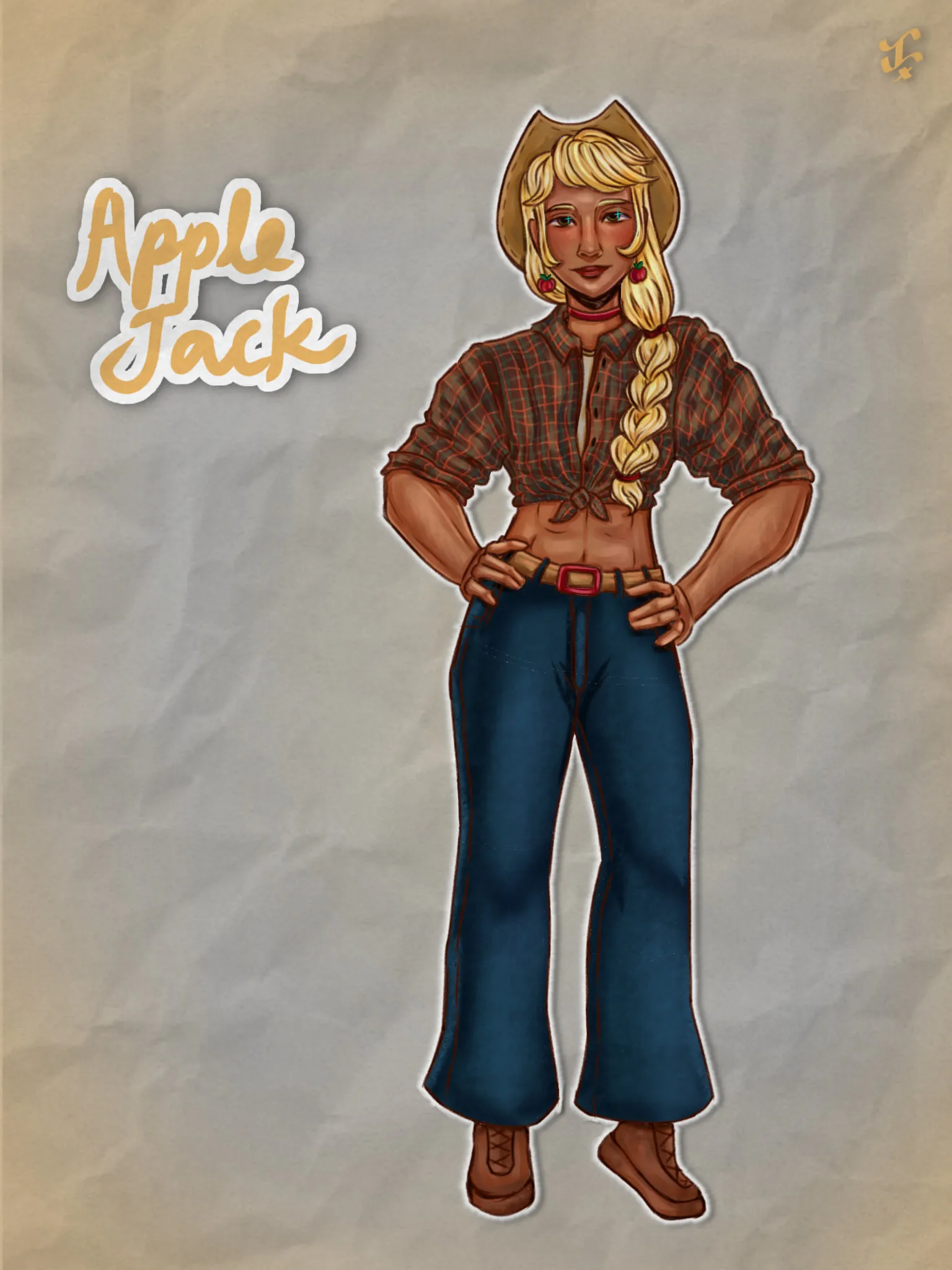 Applejack from My Little Pony drawn as a woman in a cowboy hat, brown crop top and flared jeans, with her name lettered beside her.
