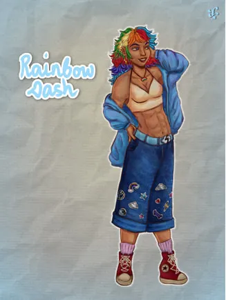 Rainbow Dash from My Little Pony drawn as a young woman with rainbow hair, a white crop top, an oversized blue jacket, patched wide-leg jeans and red sneakers, with her name lettered beside her.