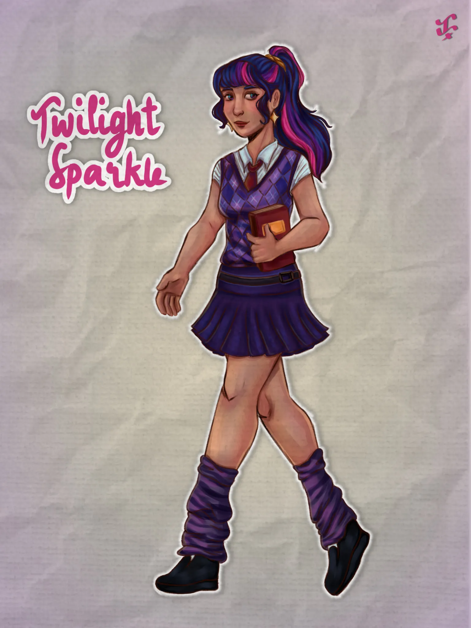 Twilight Sparkle from My Little Pony drawn as a girl in a purple school uniform and leg warmers, carrying a book, with her name lettered beside her.