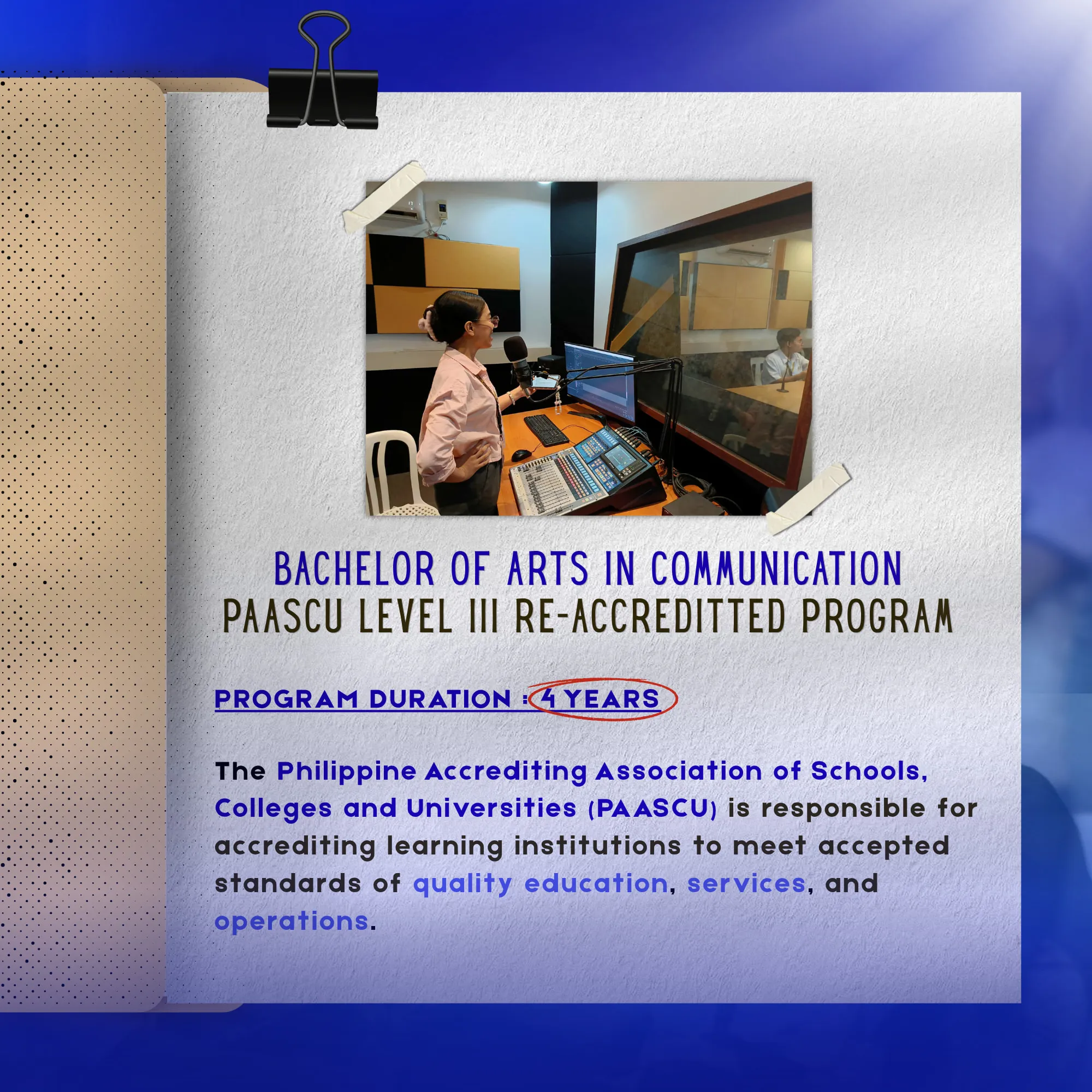 A post on the Bachelor of Arts in Communication as a PAASCU Level III re-accredited program, with a program duration of 4 years, under a photo of a student at the radio studio's mixing console.