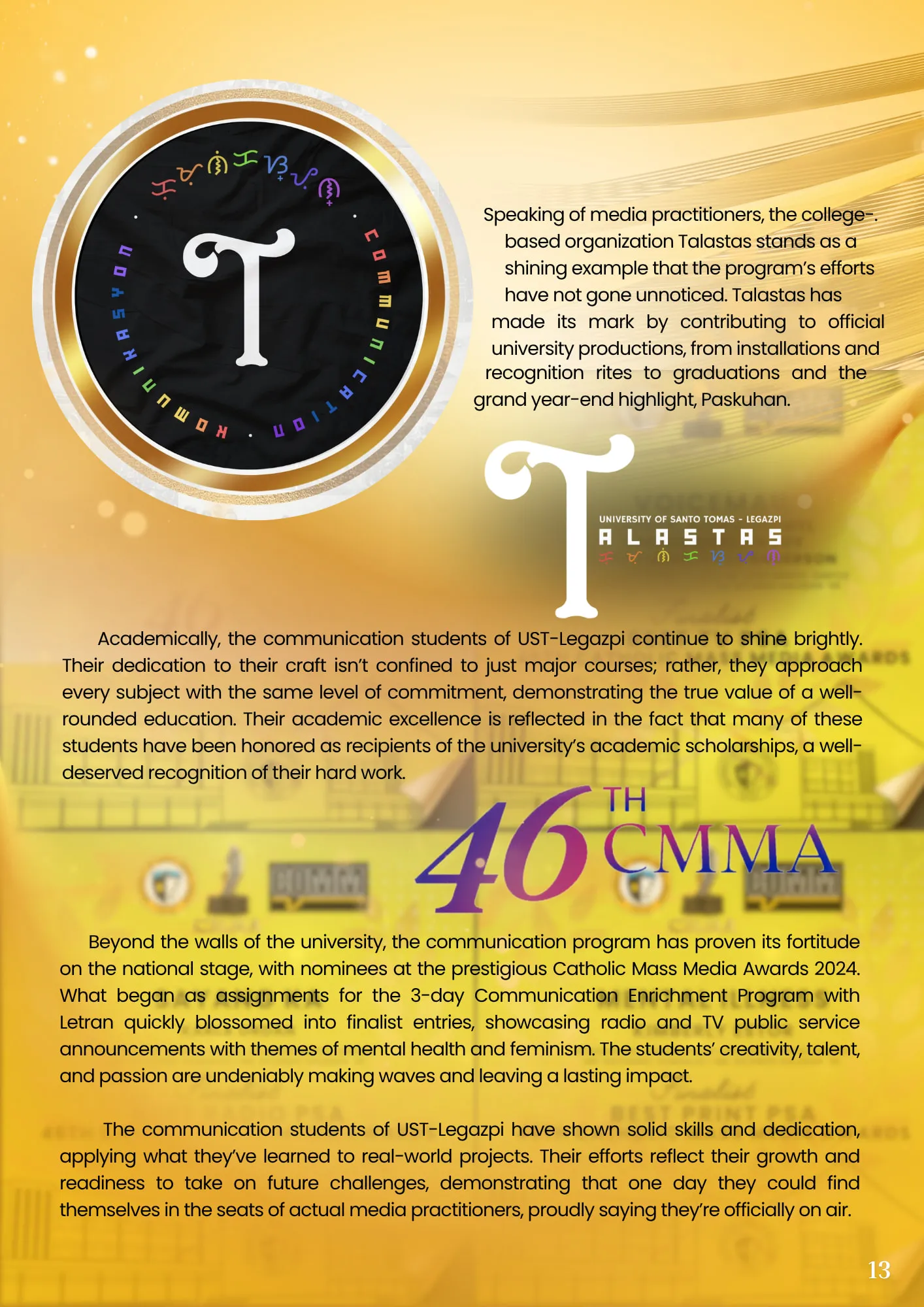 Page 13 of Reframe, the article continued, on the student organization Talastas, beside its logo, and on the program’s finalist entries at the 46th Catholic Mass Media Awards.
