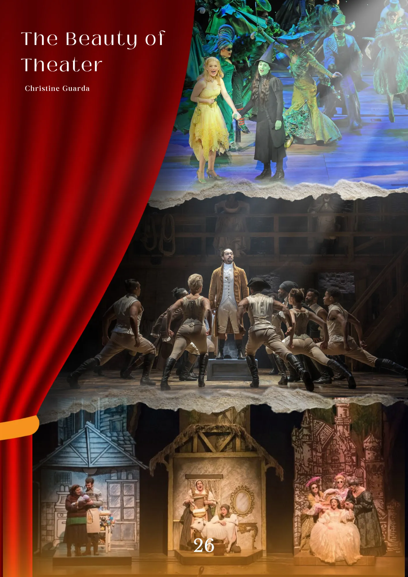 Page 26 of Reroute: “The Beauty of Theater” by Christine Guarda, a red stage curtain drawn back on photos from the musicals Wicked, Hamilton and Into the Woods.