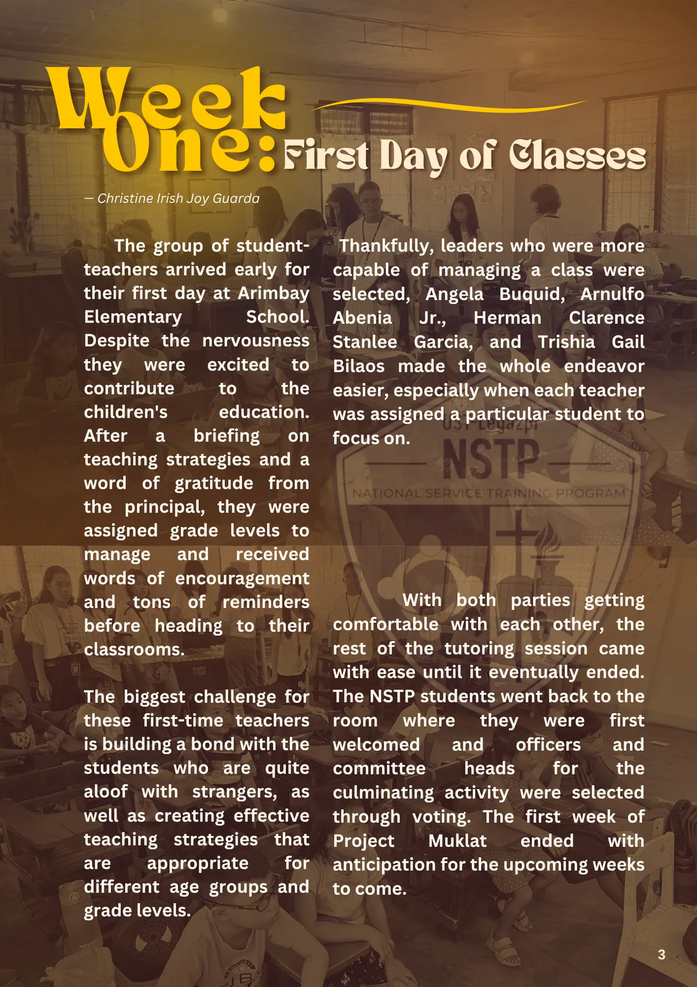 Page 3, “Week One: First Day of Classes” by Christine Irish Joy Guarda, two columns of text over a sepia photo of a classroom at Arimbay Elementary School.