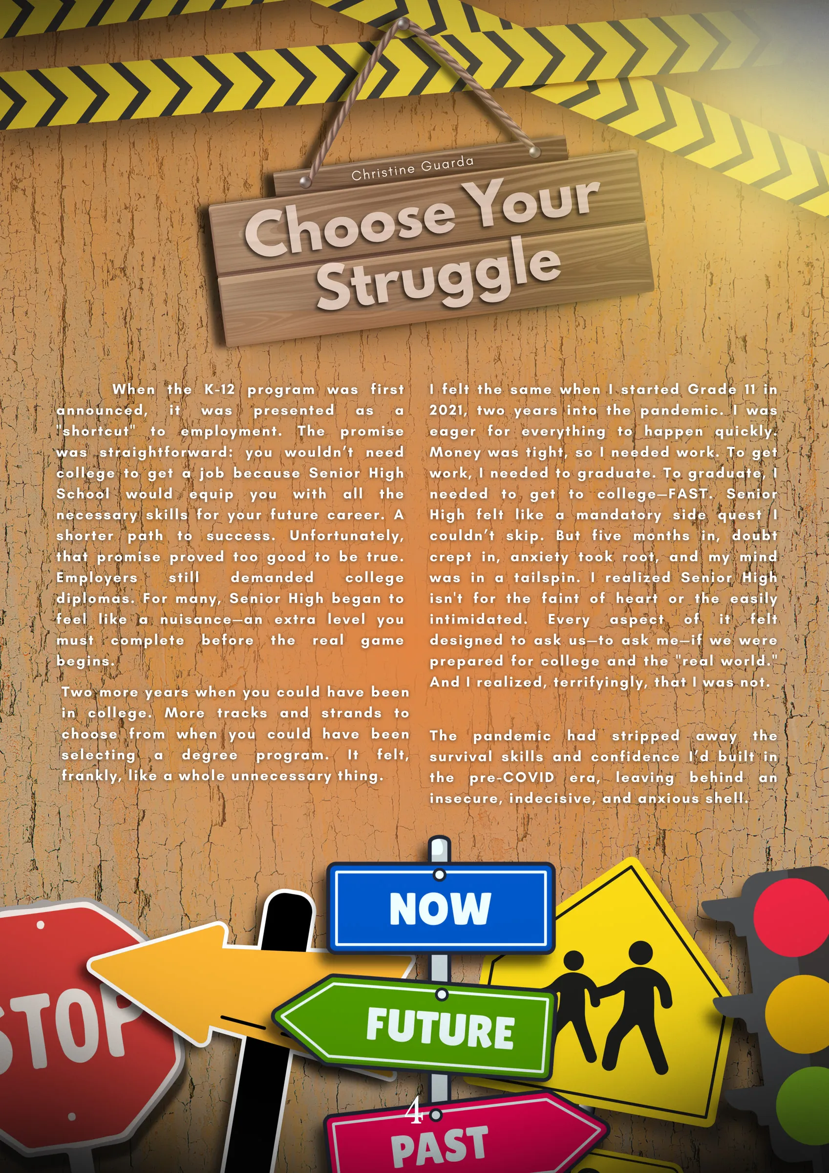 Page 4 of Reroute: “Choose Your Struggle” by Christine Guarda, its title on a wooden sign hung under caution tape, two columns of text on a cracked orange wall, and road signs reading Now, Future and Past below.