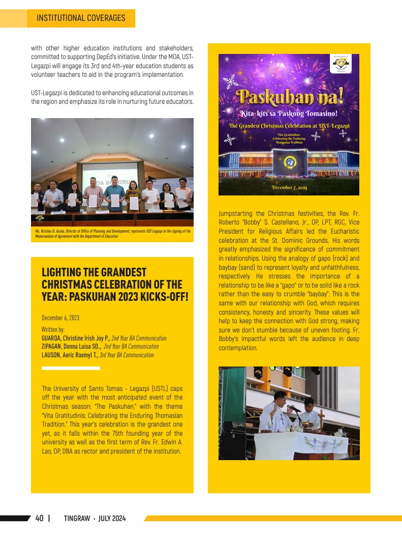 Page 40 of Tingraw, July 2024: the article “Lighting the Grandest Christmas Celebration of the Year: Paskuhan 2023 Kicks-Off!”, dated December 6, 2023, written by Christine Irish Joy P. Guarda, Donna Luisa SD. Zipagan and Aeric Raemyl T. Lauson, with photos of the Paskuhan program.