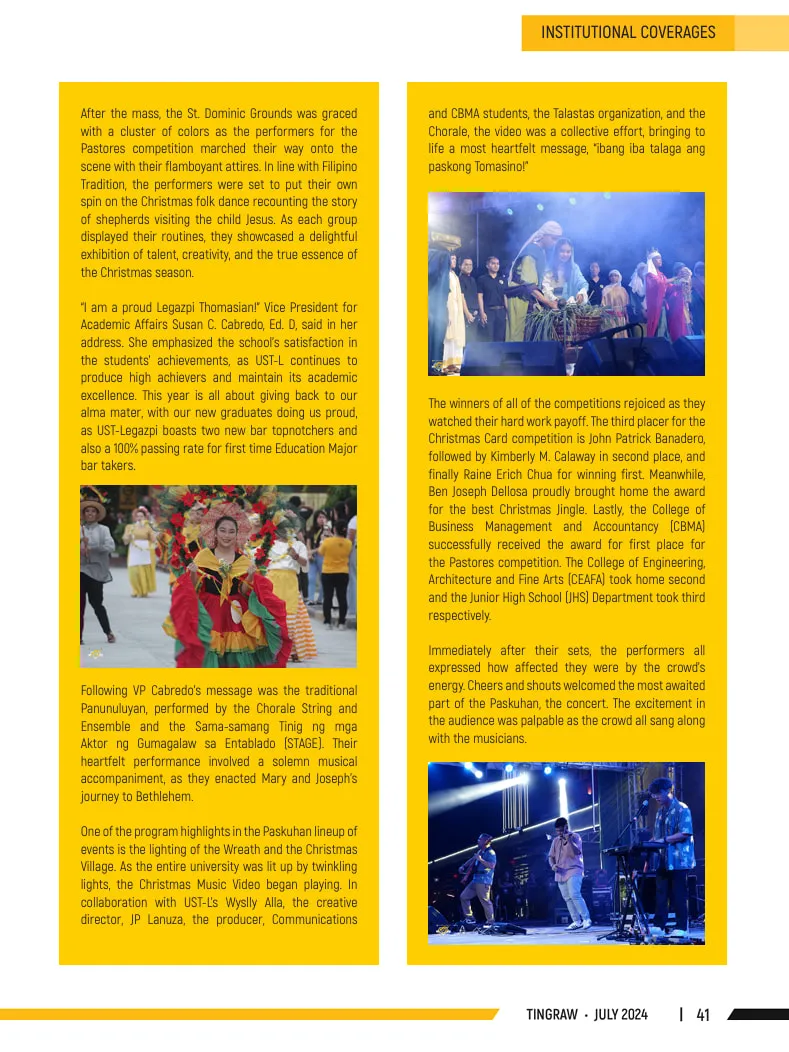 Page 41 of Tingraw, the article continued, with photos of performers and the crowd at the Paskuhan celebration.