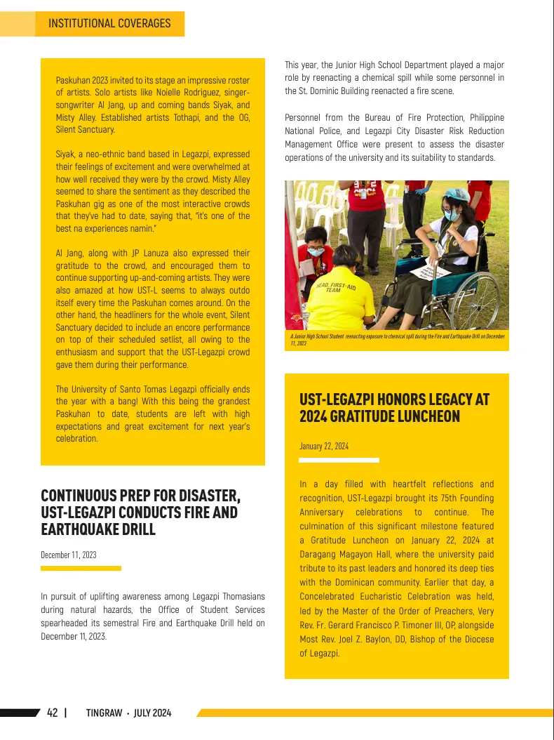 Page 42 of Tingraw, the article's end beside the next Institutional Coverages stories, on a fire and earthquake drill and a gratitude luncheon.