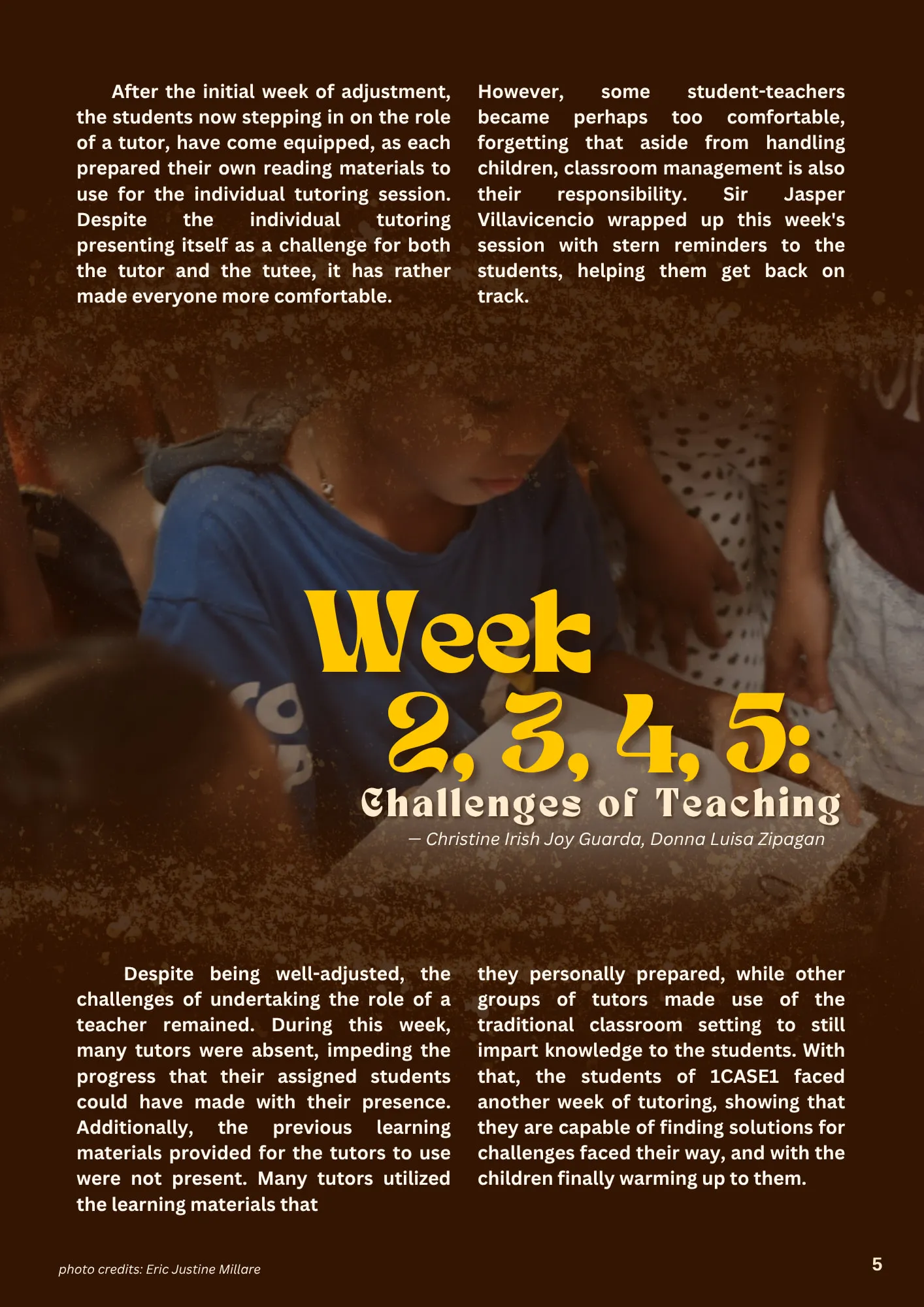 Page 5, “Week 2, 3, 4, 5: Challenges of Teaching” by Christine Irish Joy Guarda and Donna Luisa Zipagan, the title over a photo of a pupil reading, between two blocks of text.