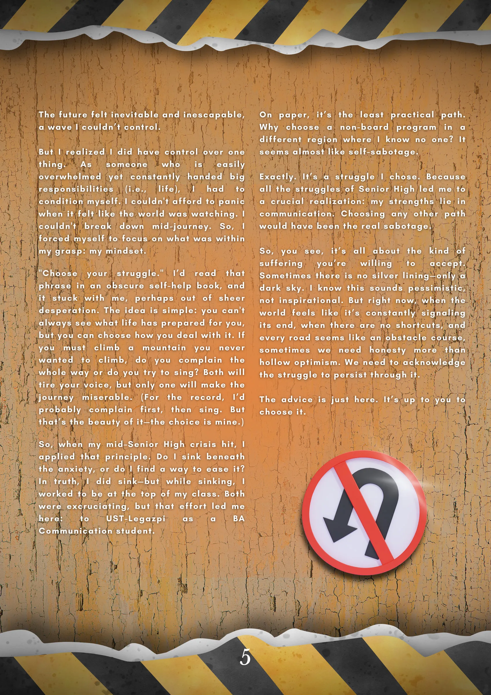 Page 5 of Reroute, “Choose Your Struggle” continued in two columns on a cracked orange wall between caution stripes, beside a no U-turn sign.