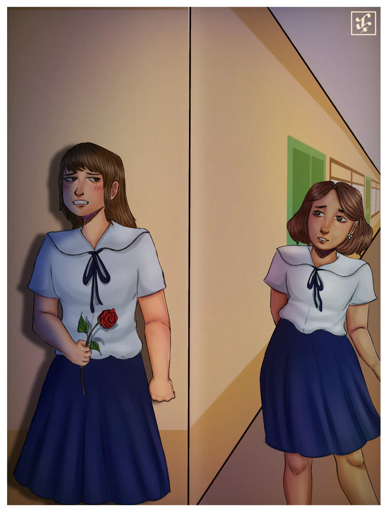 Two schoolgirls in sailor-collar uniforms: one hides a red rose behind her back as the other peeks around a doorway.