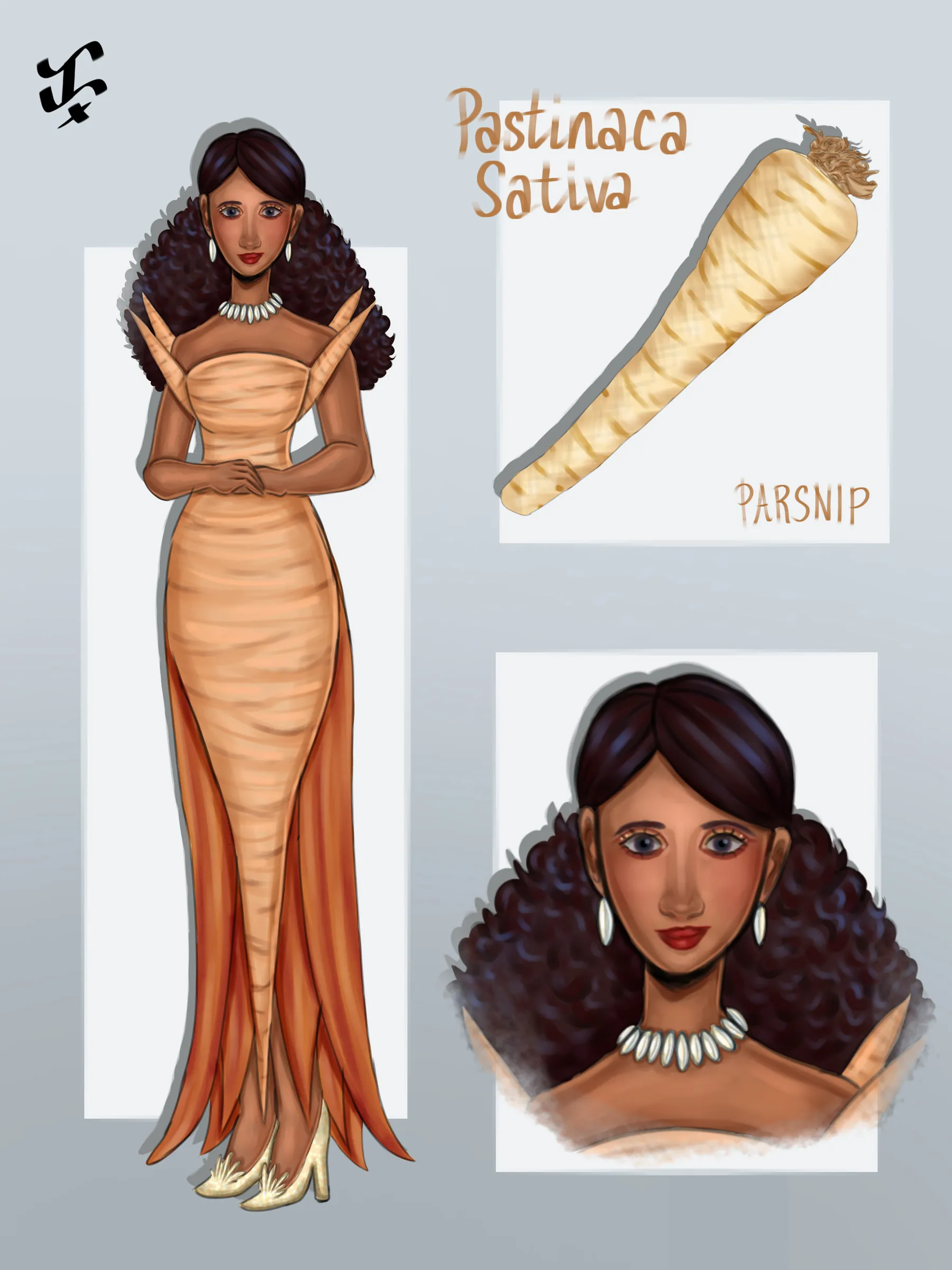 A fashion sheet for parsnip: a model in a draped cream-and-tan gown, beside a parsnip labelled Pastinaca sativa and a close-up of her face with long curly hair.