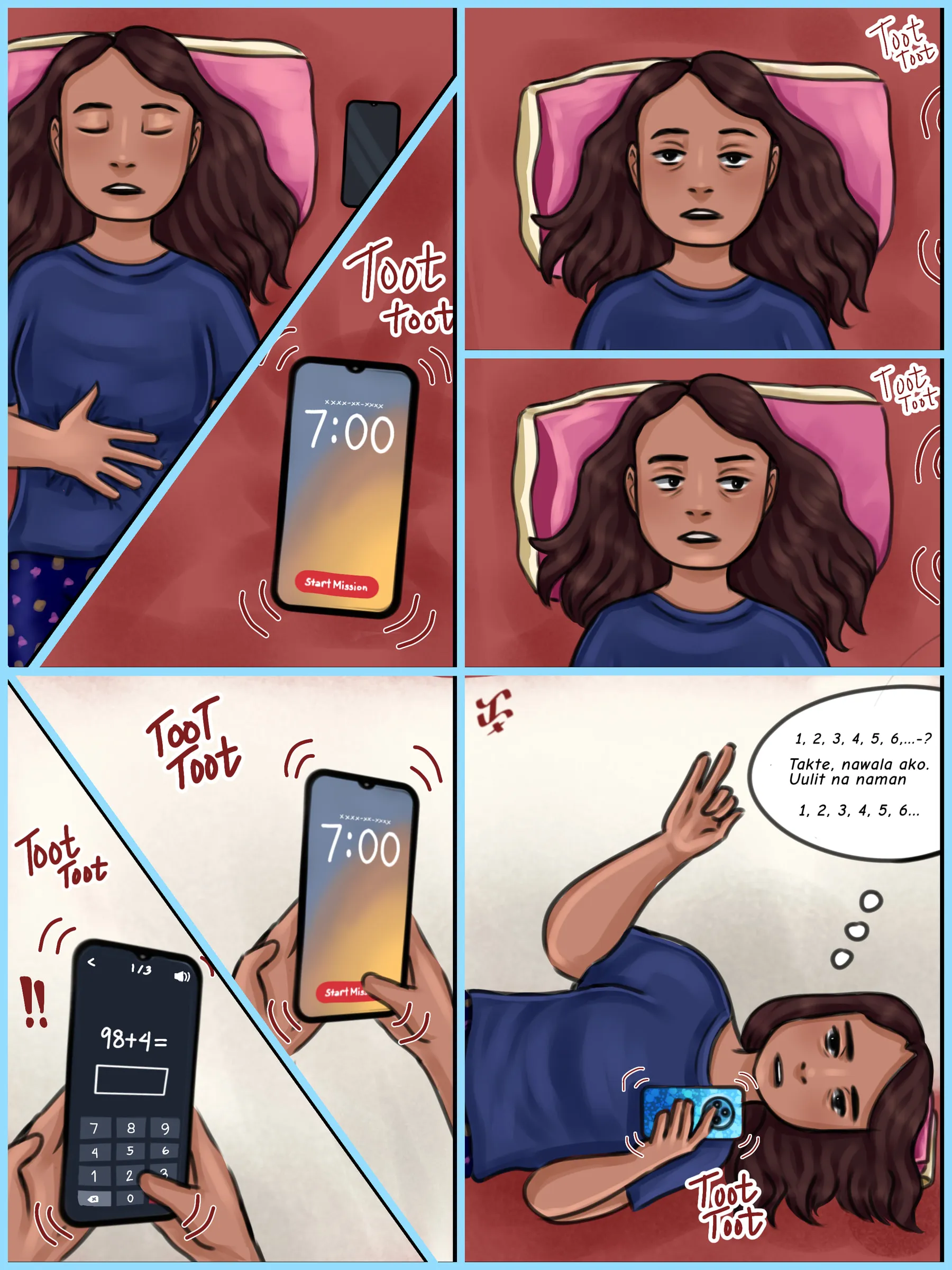A comic page: a girl asleep as her phone alarm rings at 7:00, panel after panel, until she grabs the phone and works through a maths problem to turn it off.