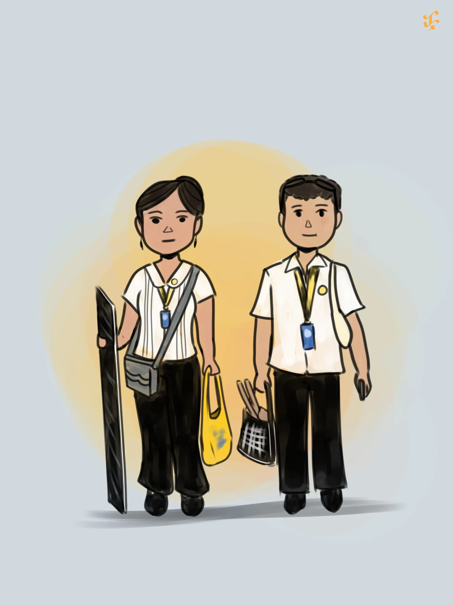 Two students in white uniforms and lanyards walking side by side, carrying bags and a rolled tarpaulin.