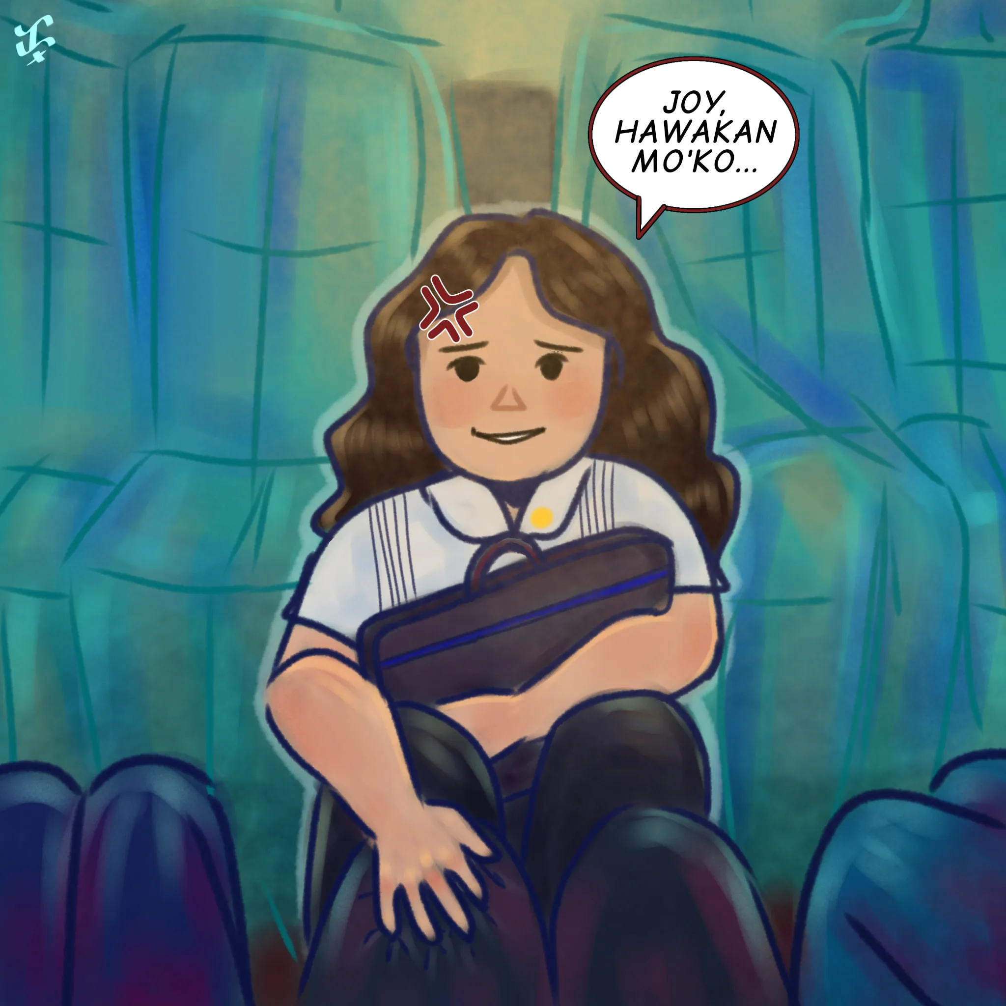 A cartoon of an annoyed girl in a school uniform squeezed into a crowded commute, saying “Joy, hawakan mo ’ko…”.