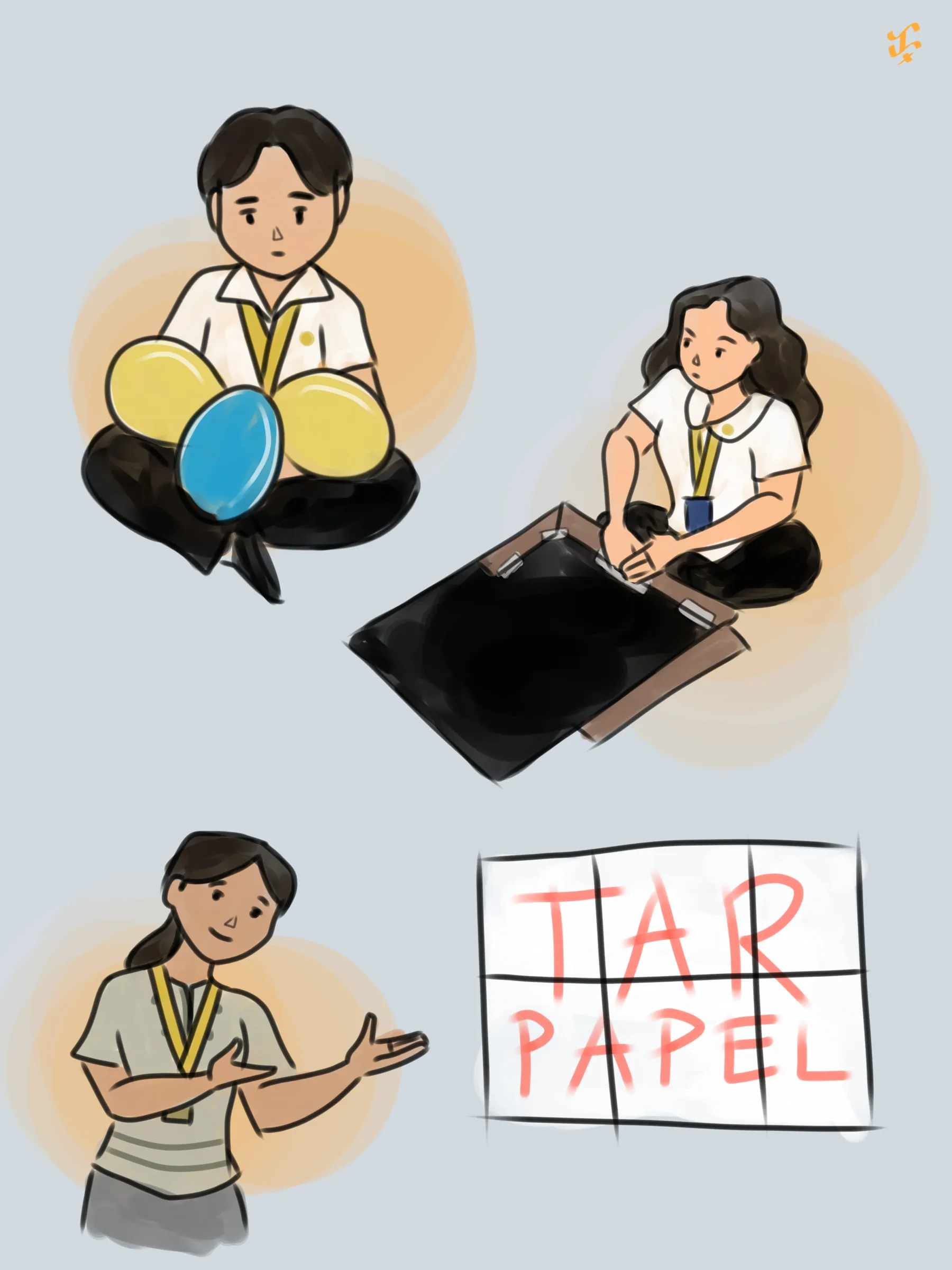 Doodles of students at work: a boy holding blue and yellow balloons, a girl cutting a black sheet, and a girl pointing at a sign reading “Tarpapel”.