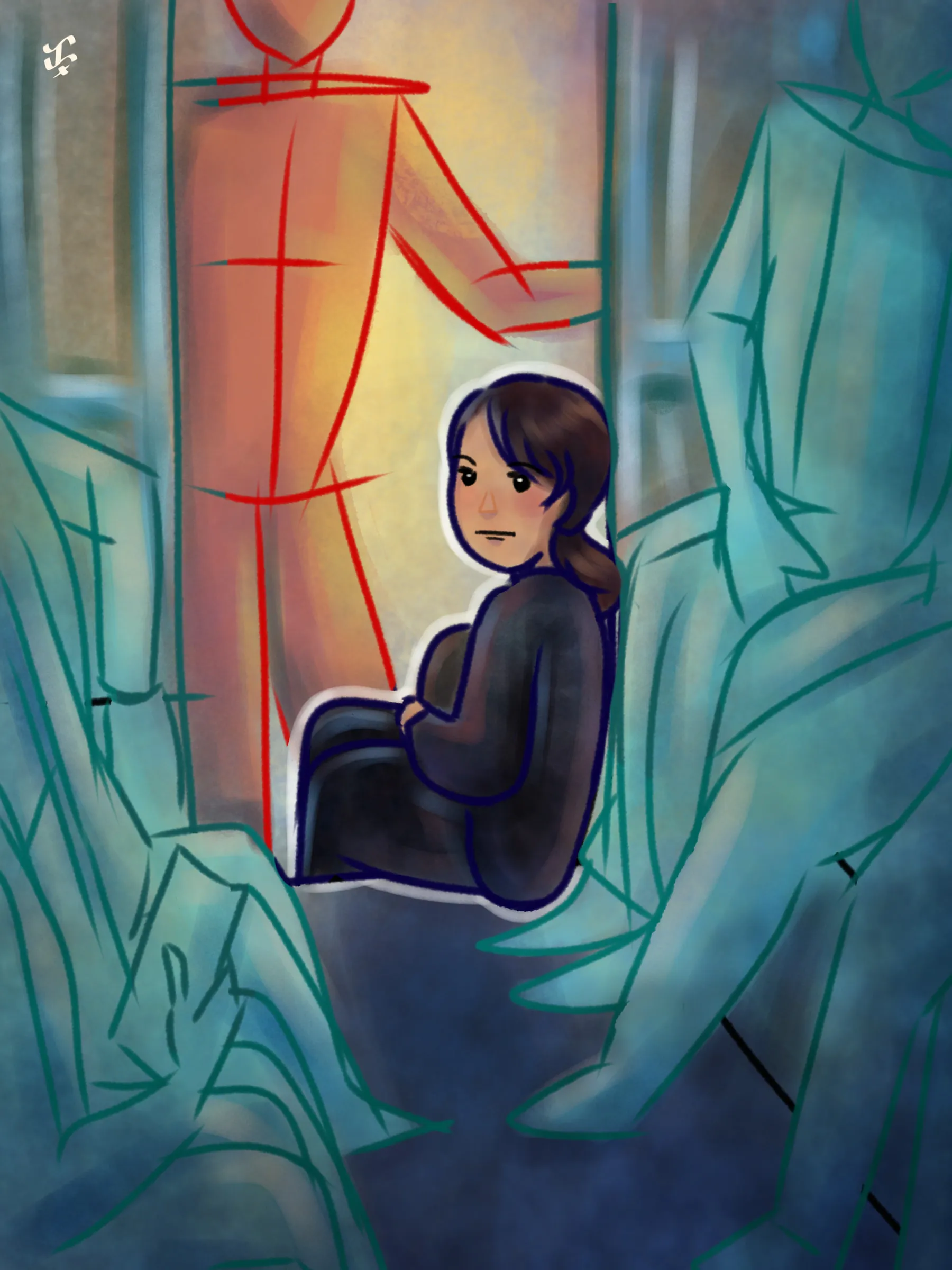 A girl in black sitting on a commute among blue-green shapes, with a figure outlined in red standing beside her.