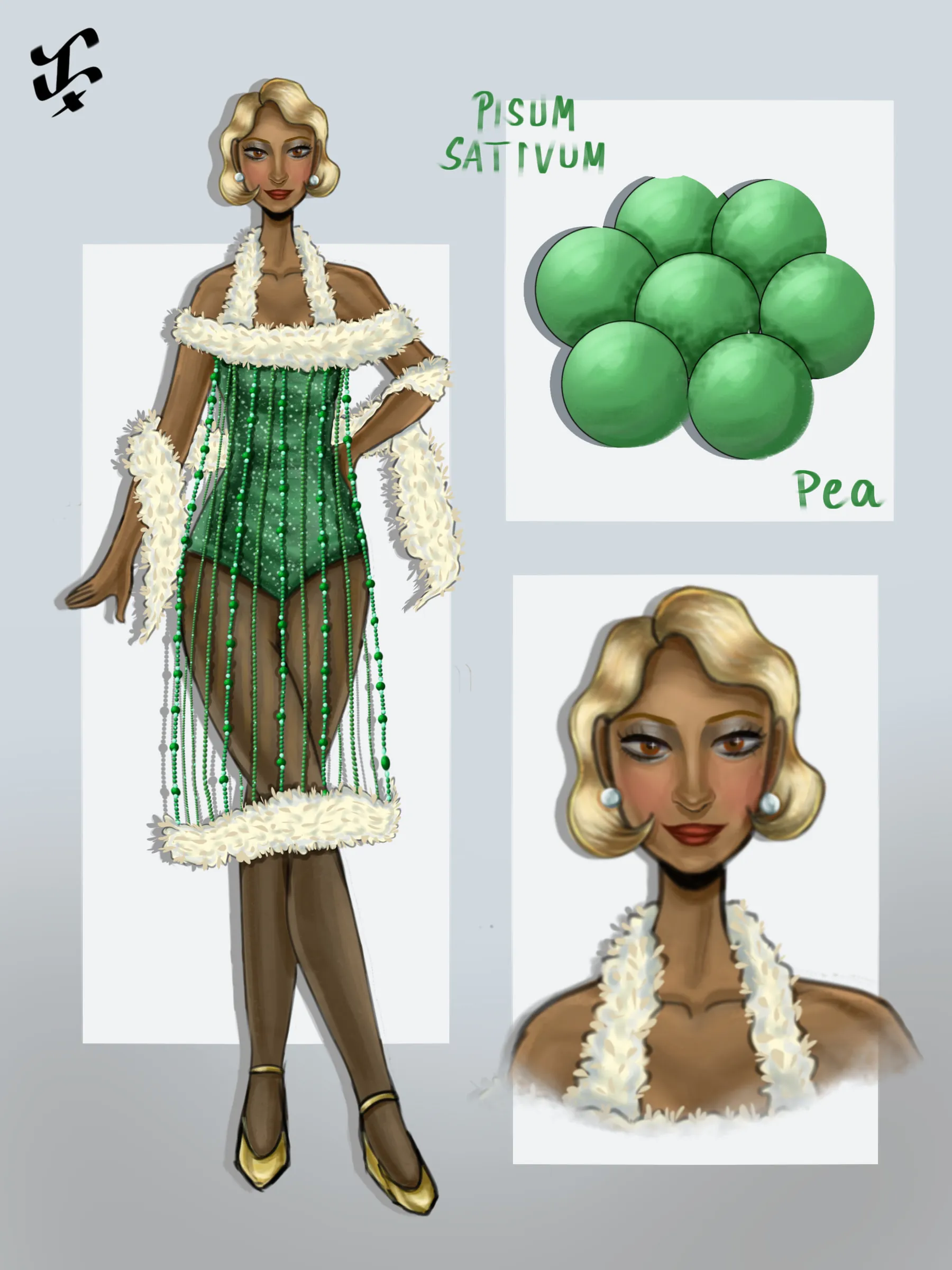 A fashion sheet for pea: a model in a green beaded flapper dress with a white feather stole, beside a cluster of peas labelled Pisum sativum and a close-up of her face with blonde waves.