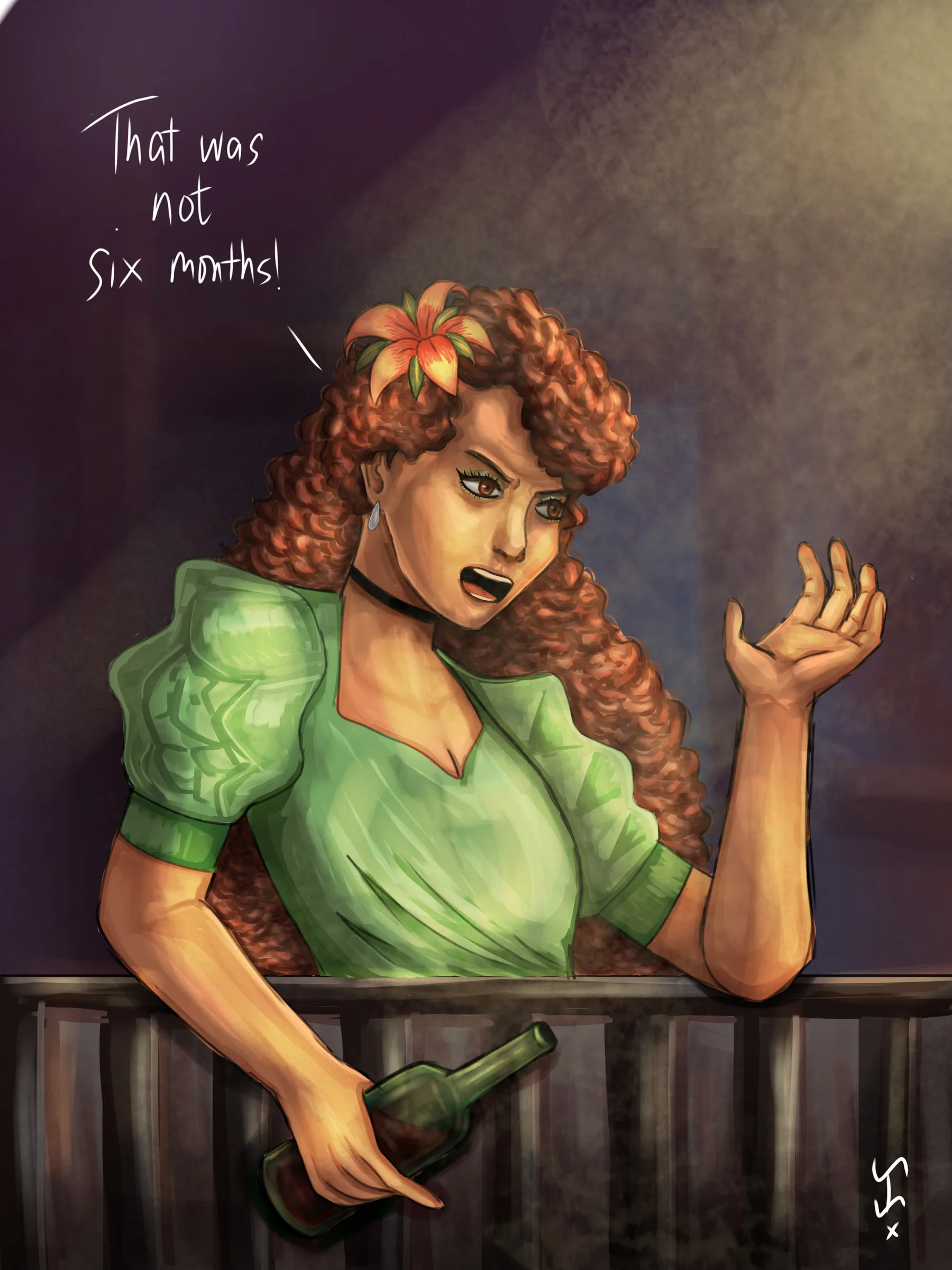 Persephone from the musical Hadestown, in a green dress with a red flower in her hair, leaning on a railing with a bottle and exclaiming “That was not six months!”.