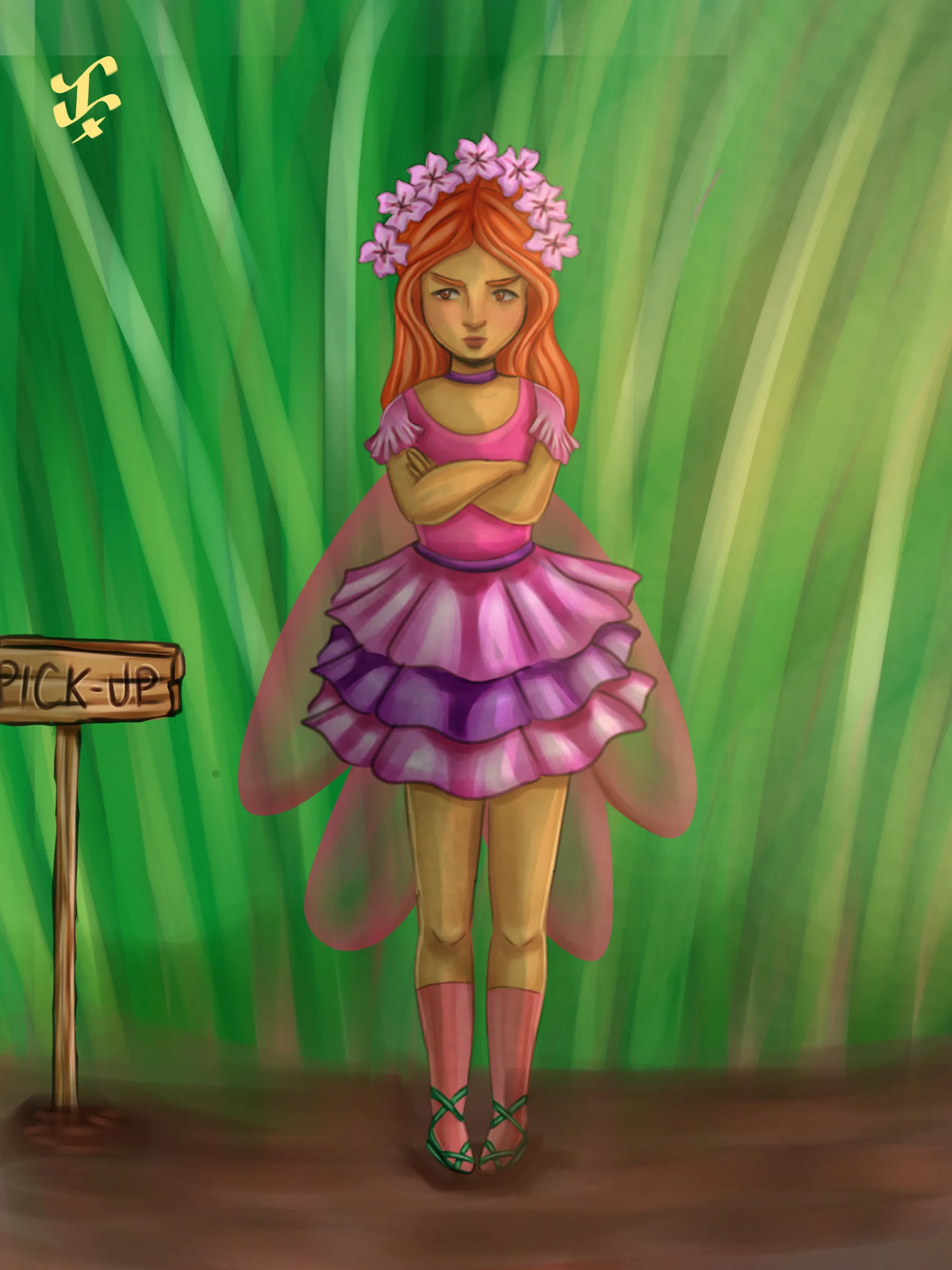A fairy with a crown of pink phlox and a ruffled pink skirt standing with her arms crossed in tall grass, beside a sign reading “Pick up”.