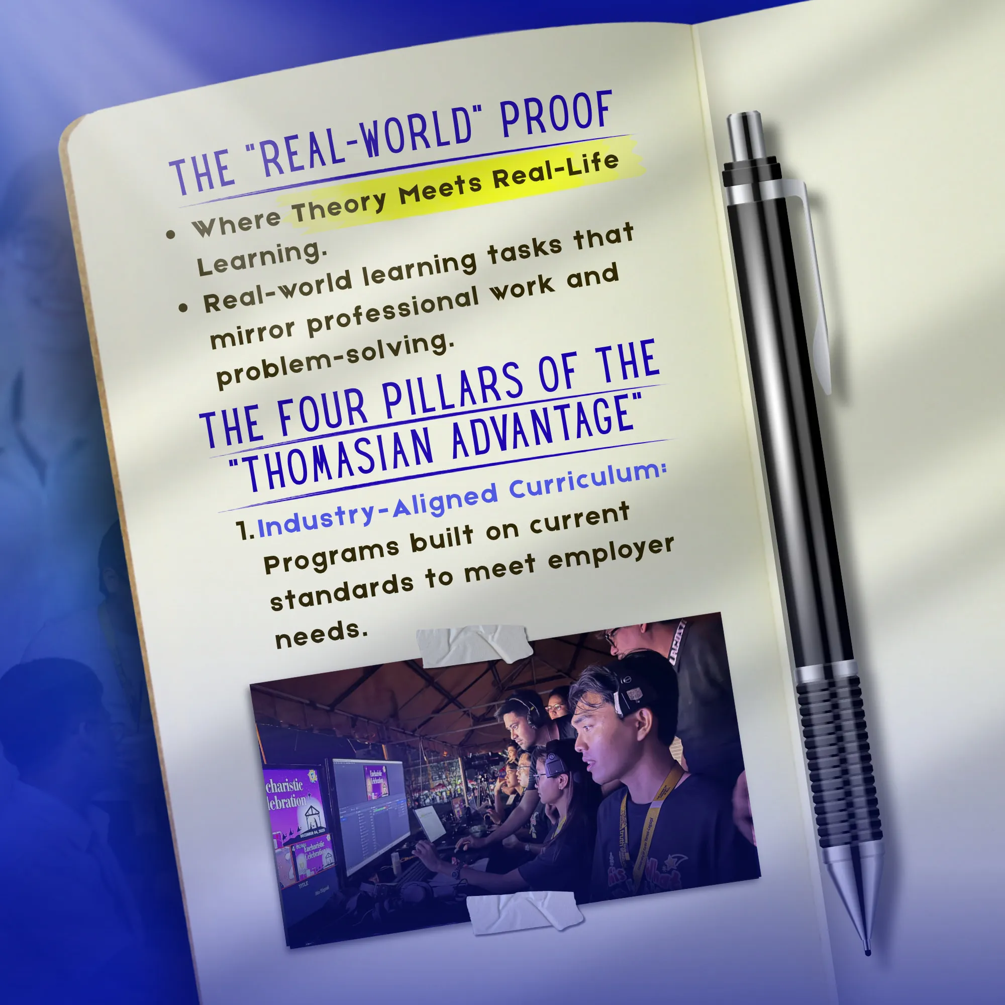 The “Real-World Proof” post, drawn as a notebook page: real-world learning tasks, and the first of the four pillars of the “Thomasian Advantage”, an industry-aligned curriculum, above a photo of students at a production desk.