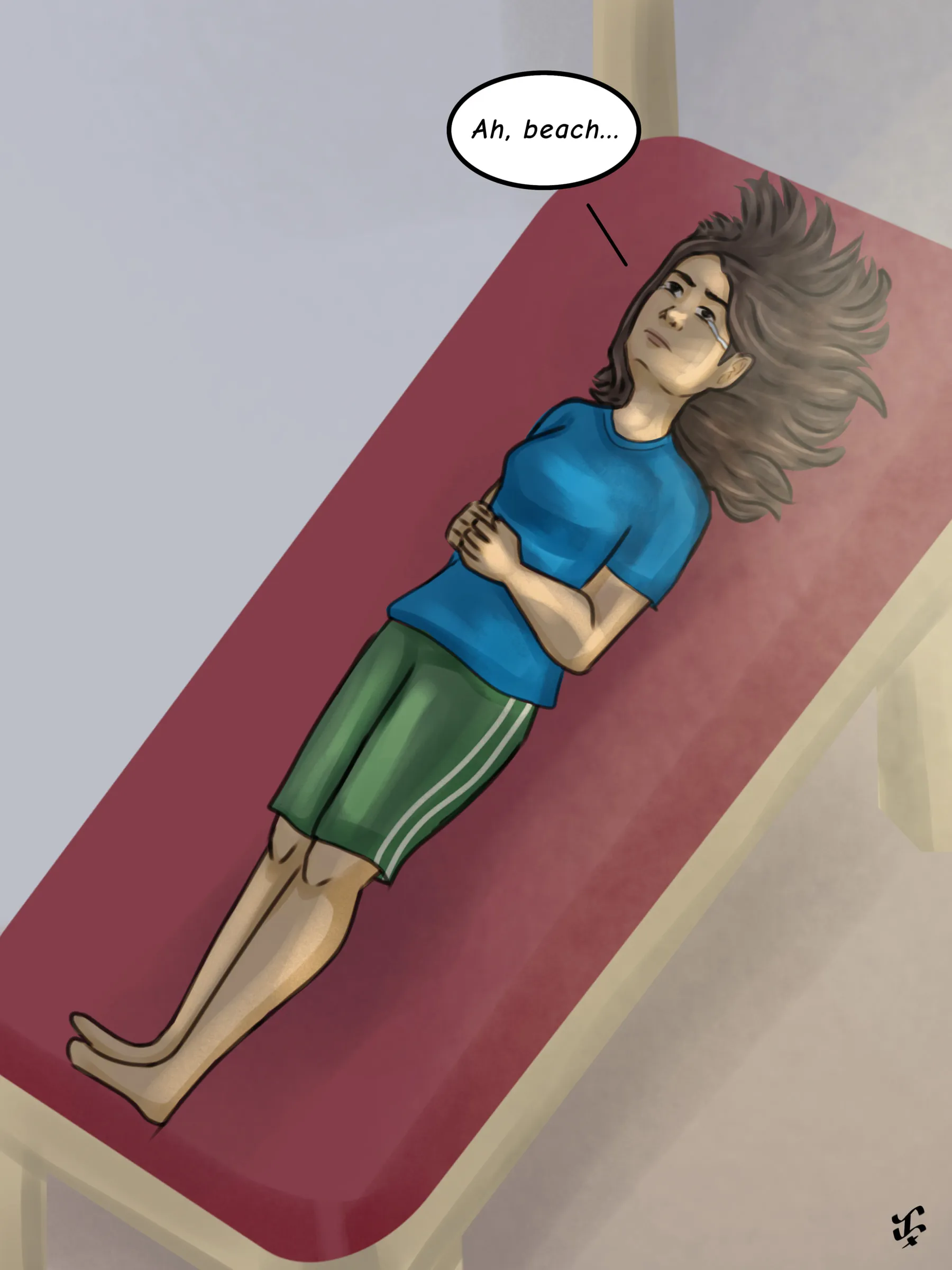 A girl in a blue shirt lying on a red bench under a speech bubble that says “Ah, beach…”.