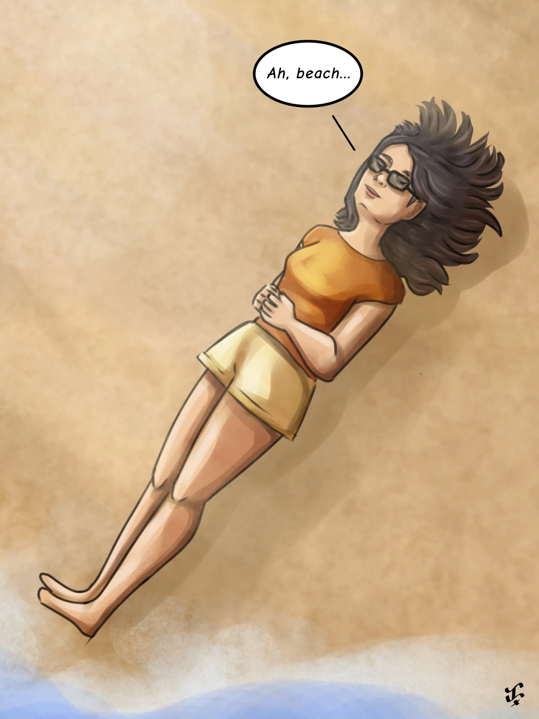 A girl in a yellow top lying on the sand at the edge of the waves, under a speech bubble that says “Ah, beach…”.