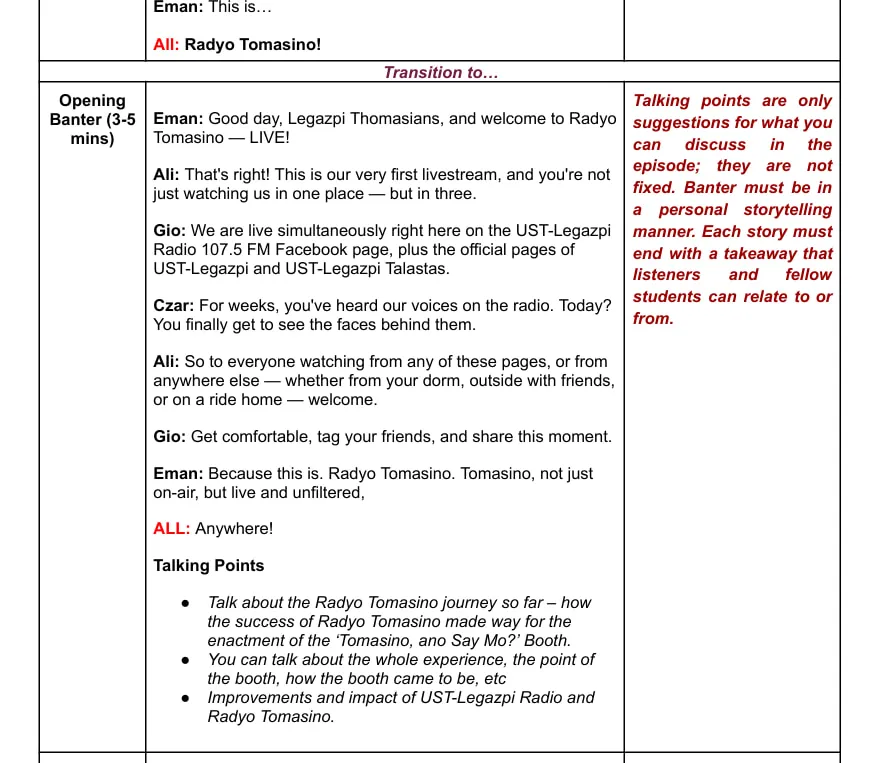 An excerpt from the script of Radyo Tomasino’s Facebook Live episode: the hosts’ opening banter welcoming viewers to their first livestream, with talking points and a note that the banter should be personal stories, each ending in a takeaway.
