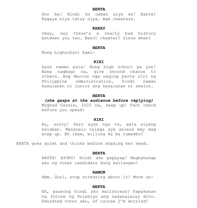 An excerpt from the Hala? Halalan! script: Berta refuses to back a candidate she calls a cheater, while Kakay, Riri and Ramon argue about second chances and ask whether she would run herself.
